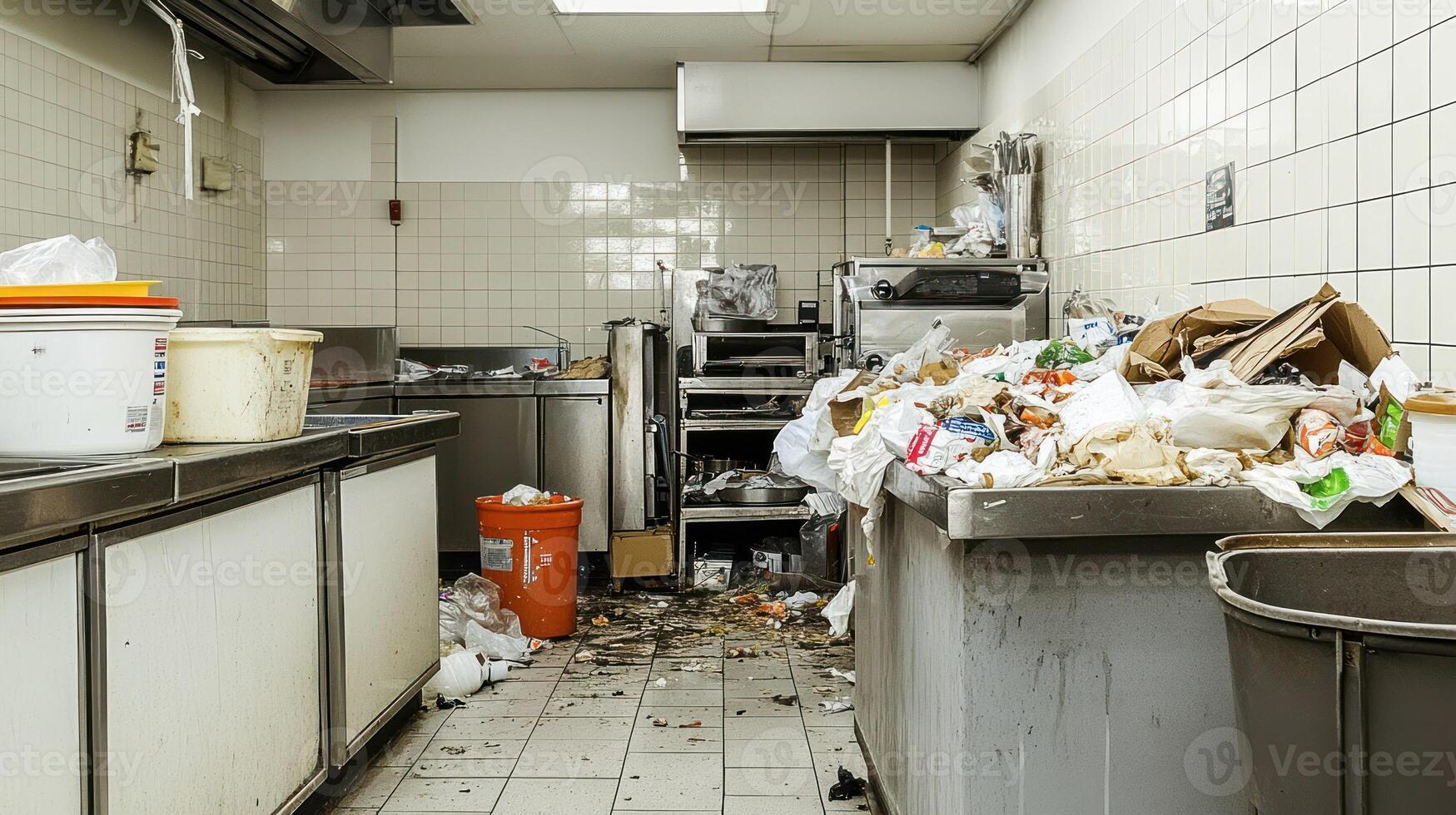 A cluttered kitchen filled with trash and debris, reflecting neglect. photo