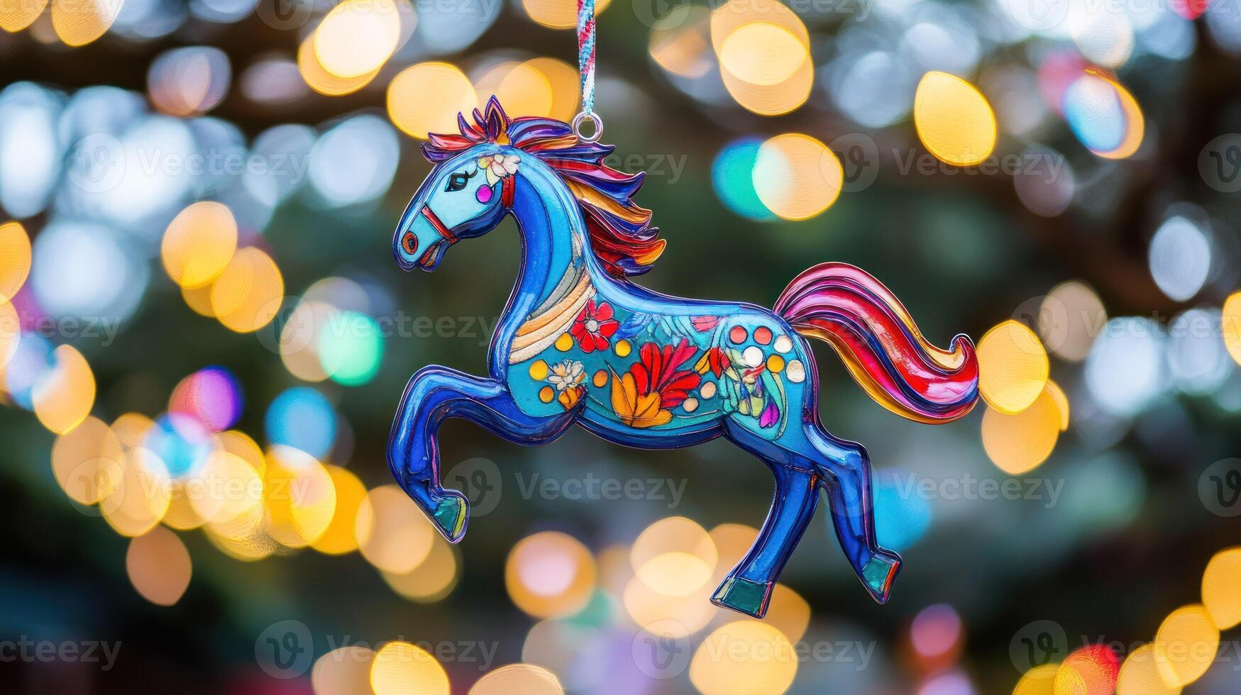 A vibrant blue horse ornament with floral patterns against a bokeh background. photo