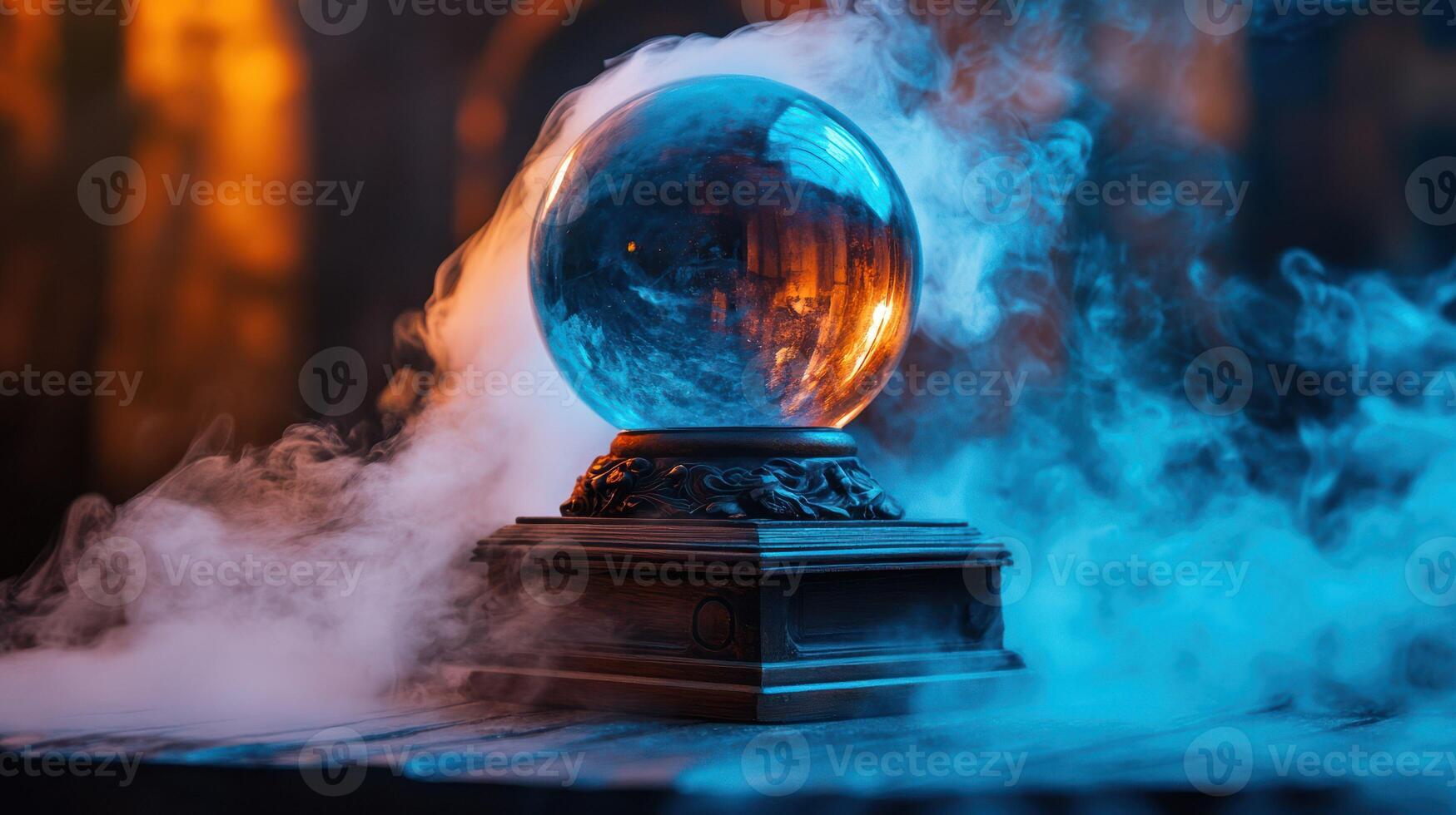 A glowing crystal ball surrounded by mysterious smoke and dramatic lighting. photo