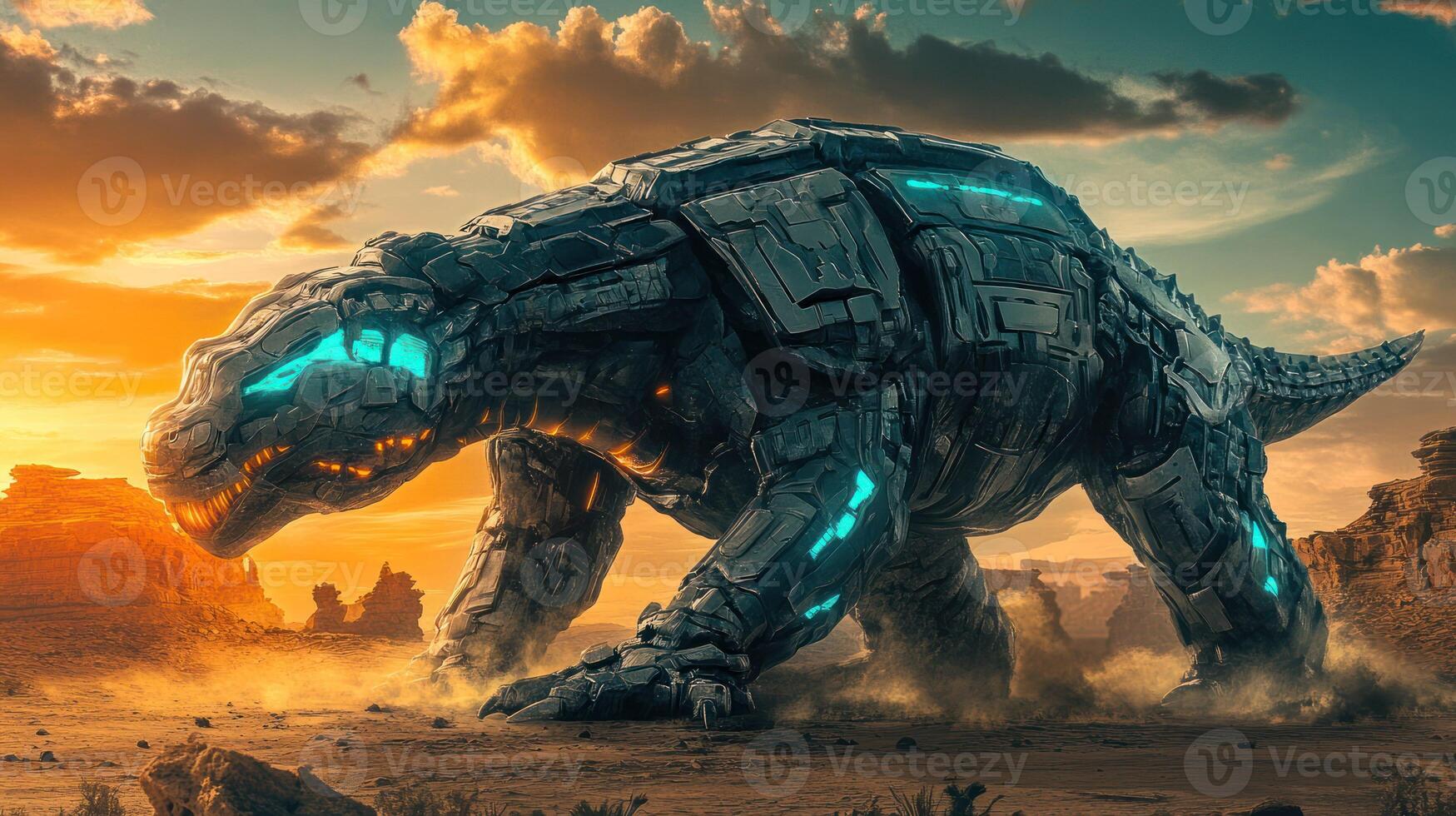A futuristic robotic dinosaur walking through a desert at sunset. photo
