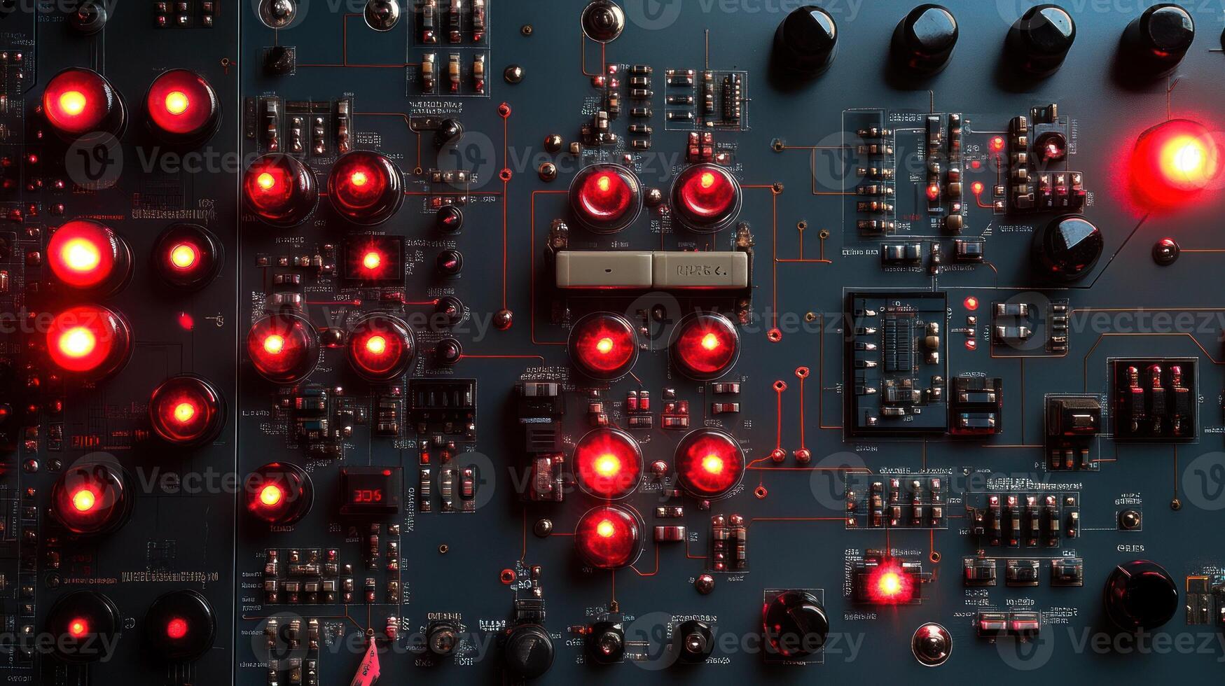 An abstract view of a glowing circuit board with red illuminated components. photo