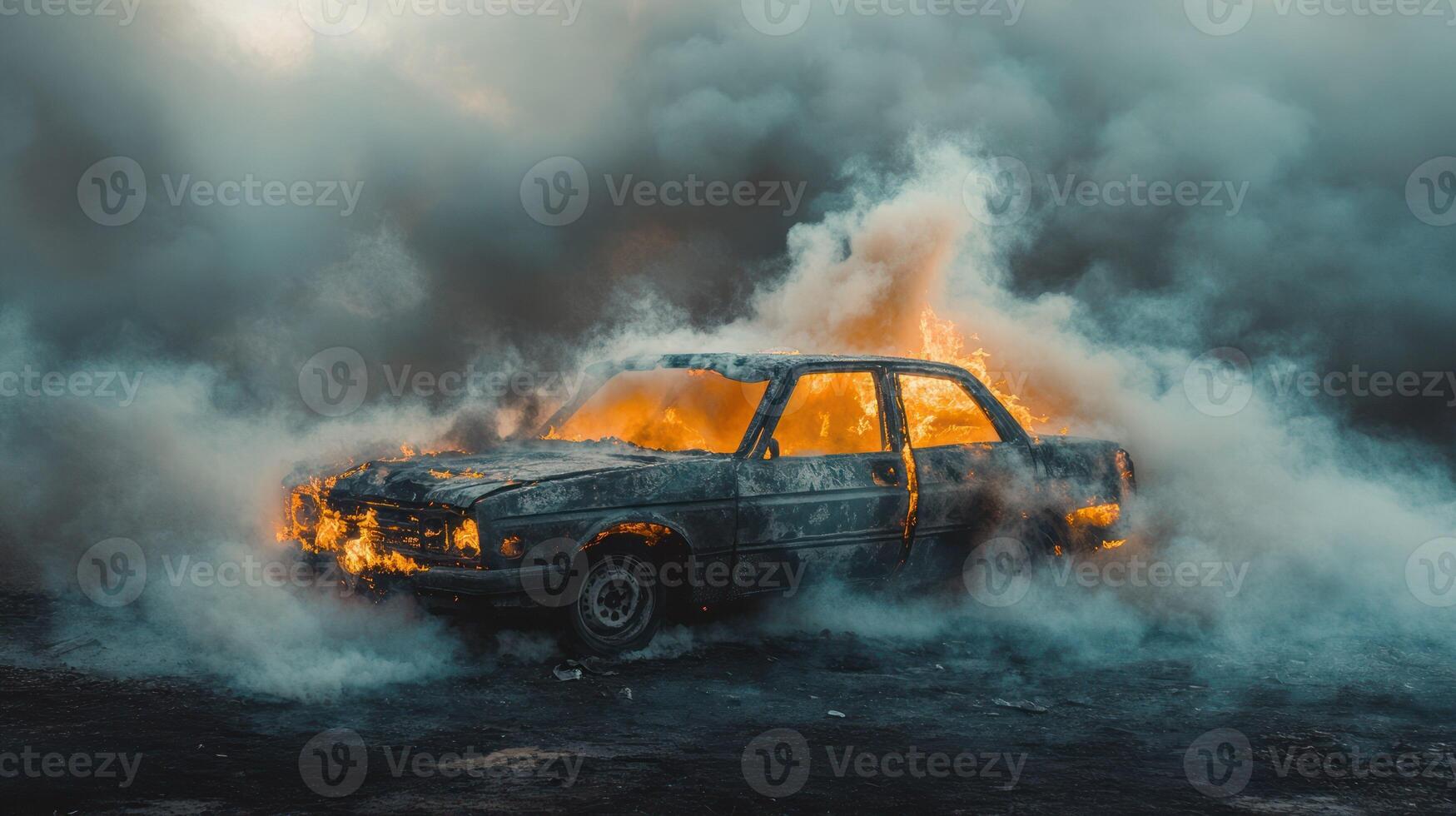 A burning car surrounded by thick smoke, creating a dramatic scene. photo