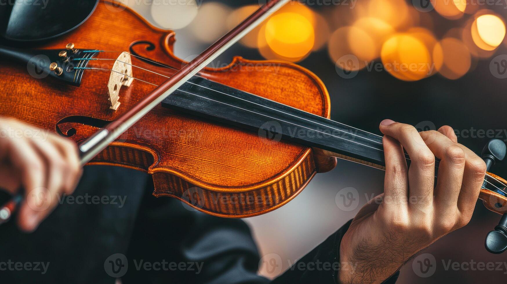 Close up of a violinist playing with warm bokeh lights in the background. photo