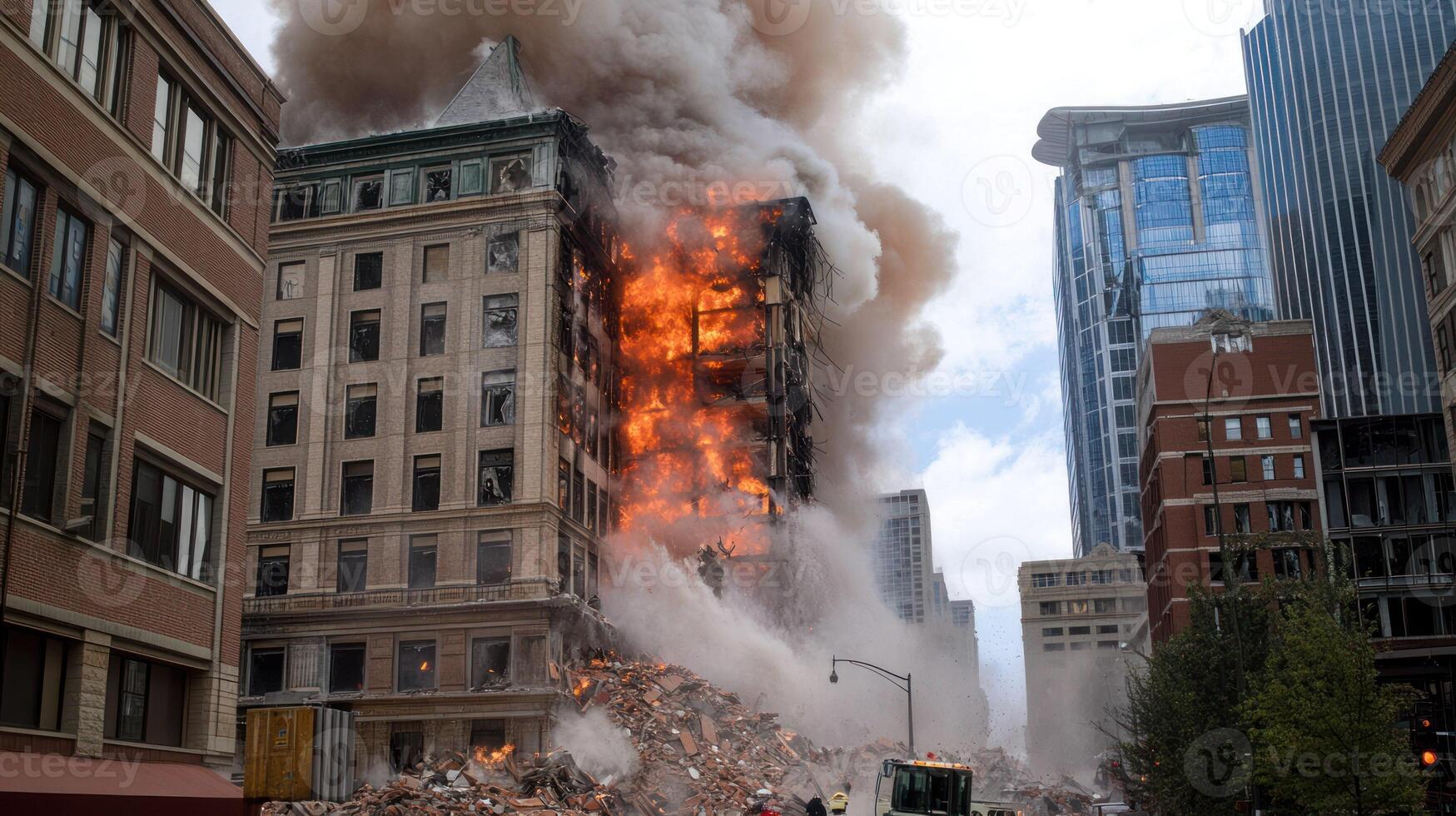 A blazing building collapse surrounded by smoke and debris in an urban area. photo