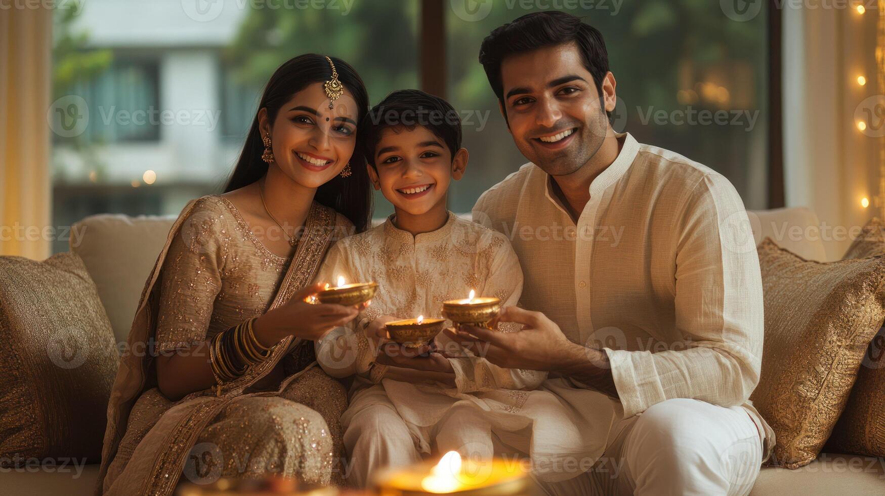 A joyful family celebrating Diwali with candles in a cozy home setting. photo