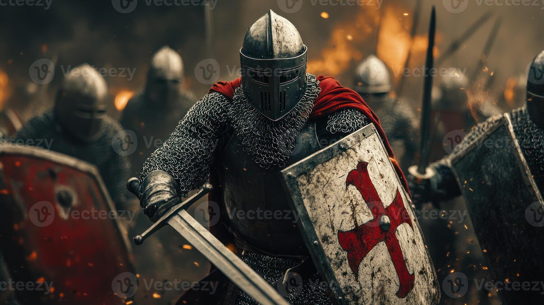 A fierce medieval battle scene with armored knights charging forward. photo