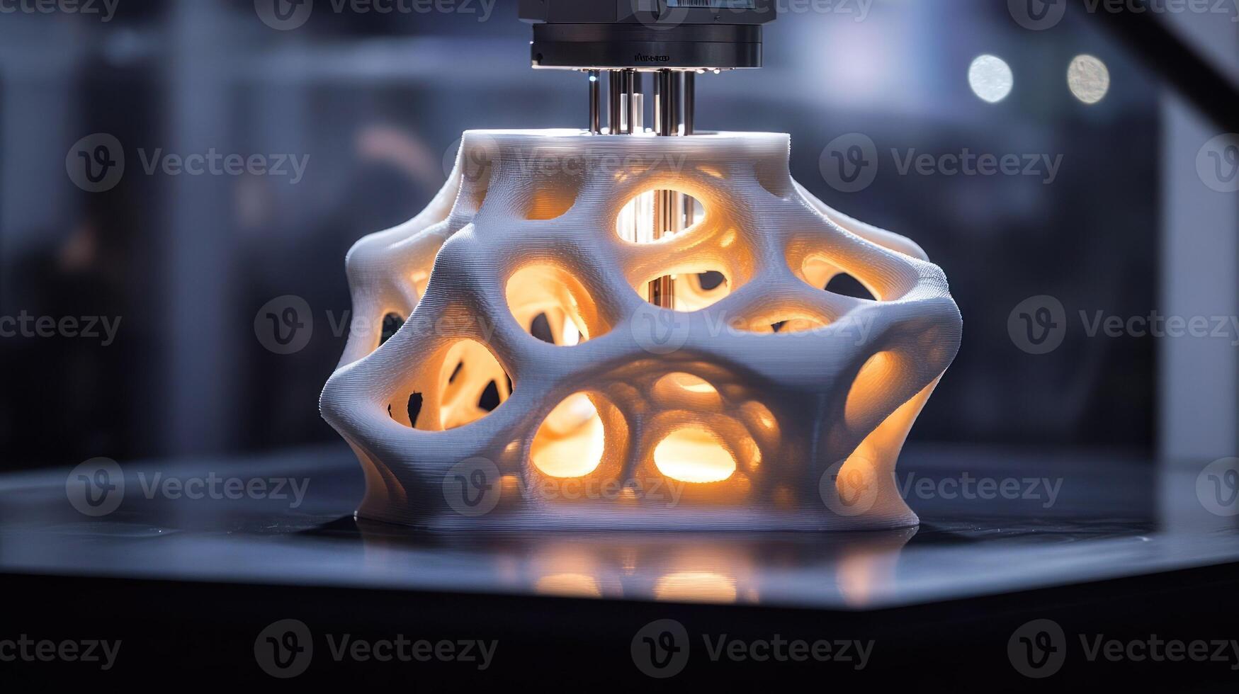 An intricate 3D printed lamp casting a warm glow in a modern setting. photo