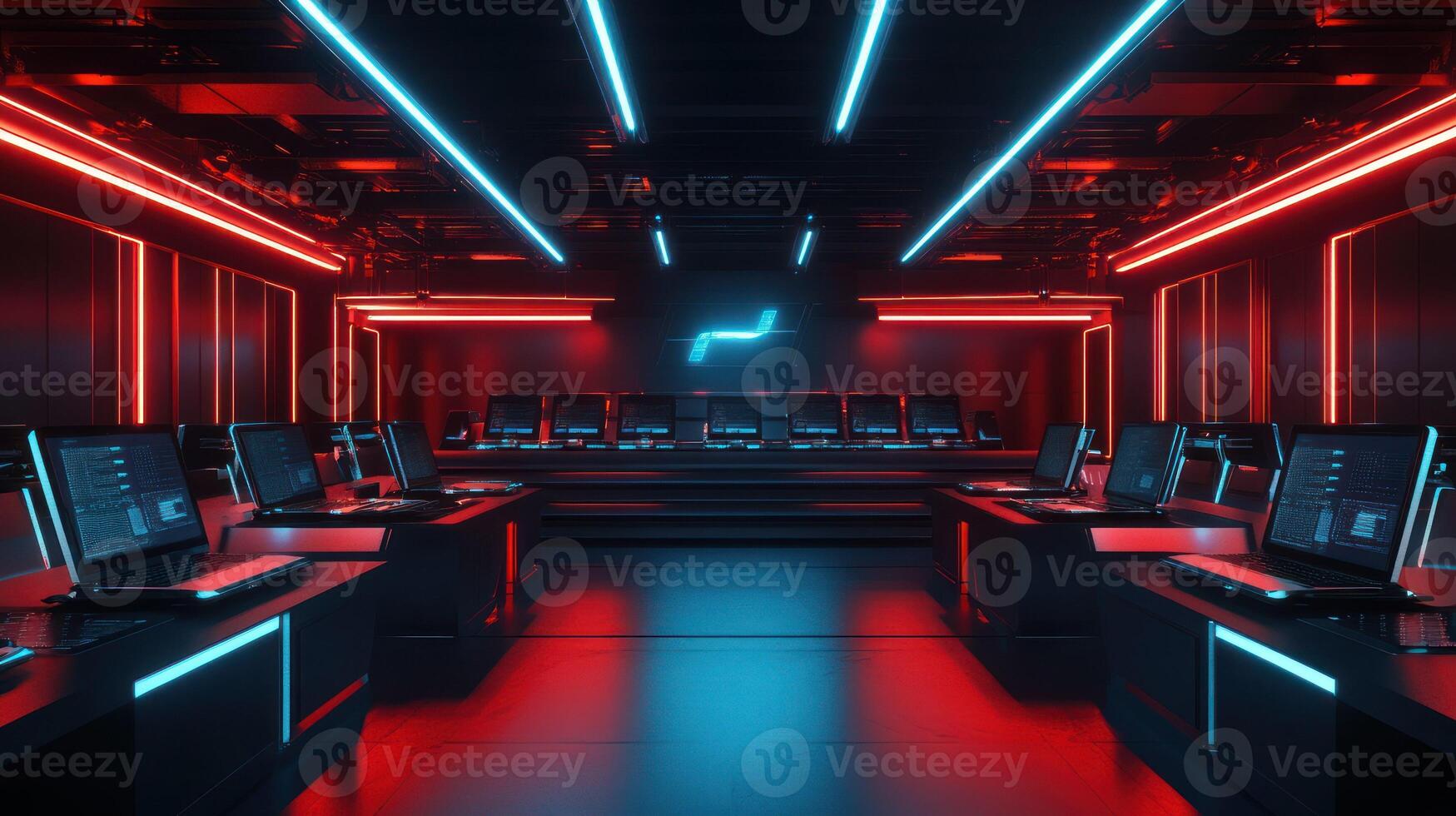 Futuristic workspace illuminated with neon lights and modern computers. photo