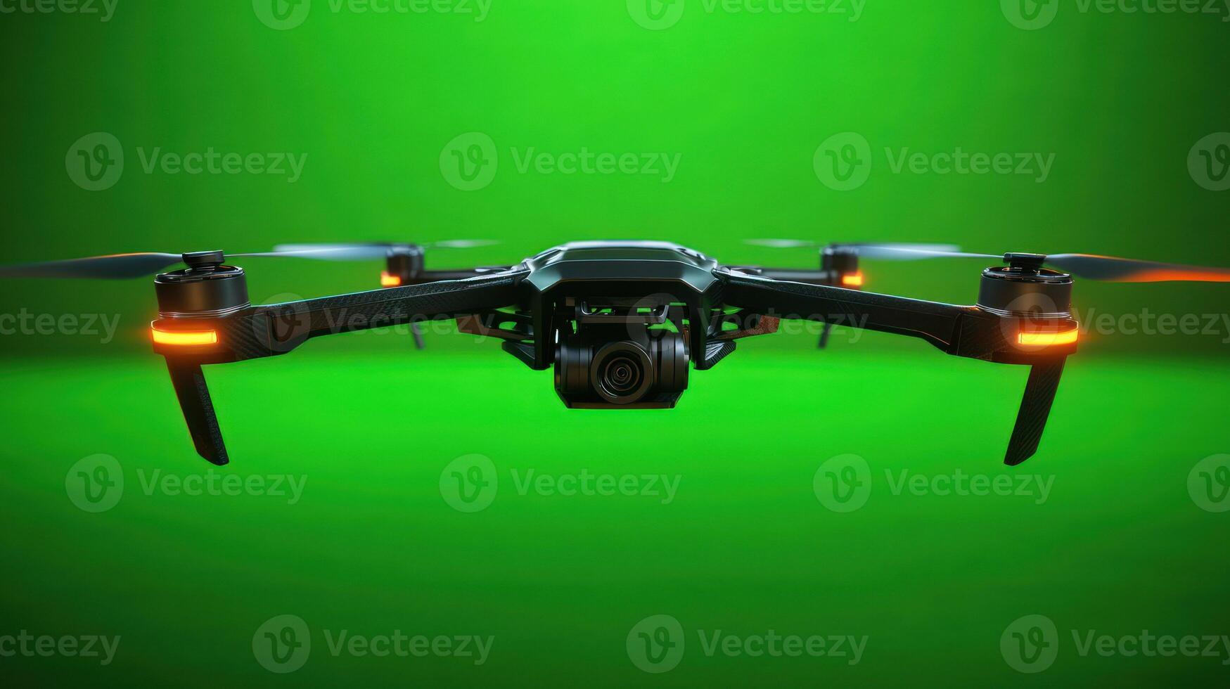 A sleek drone with a camera set against a vibrant green backdrop. photo