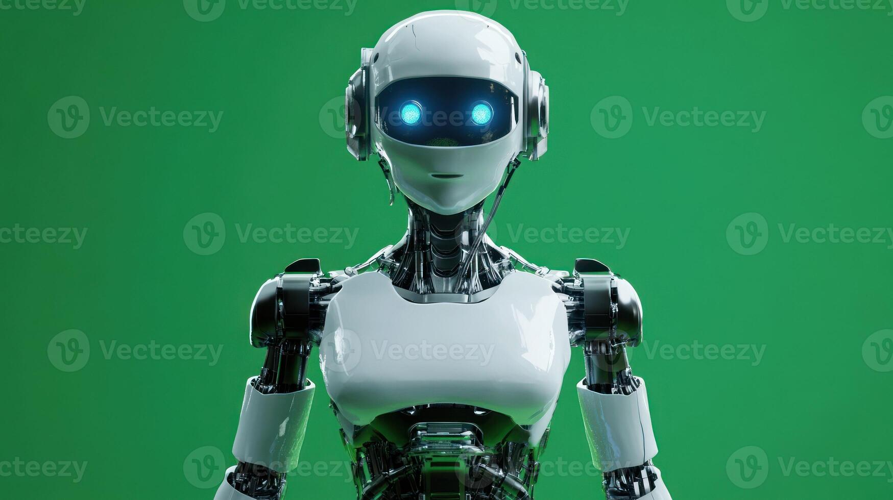 A sleek humanoid robot with glowing blue eyes in a green background. photo