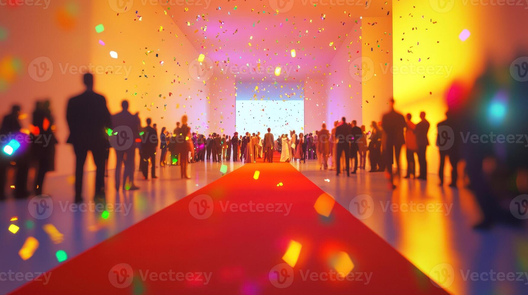 A vibrant party scene with confetti and a red carpet atmosphere. photo