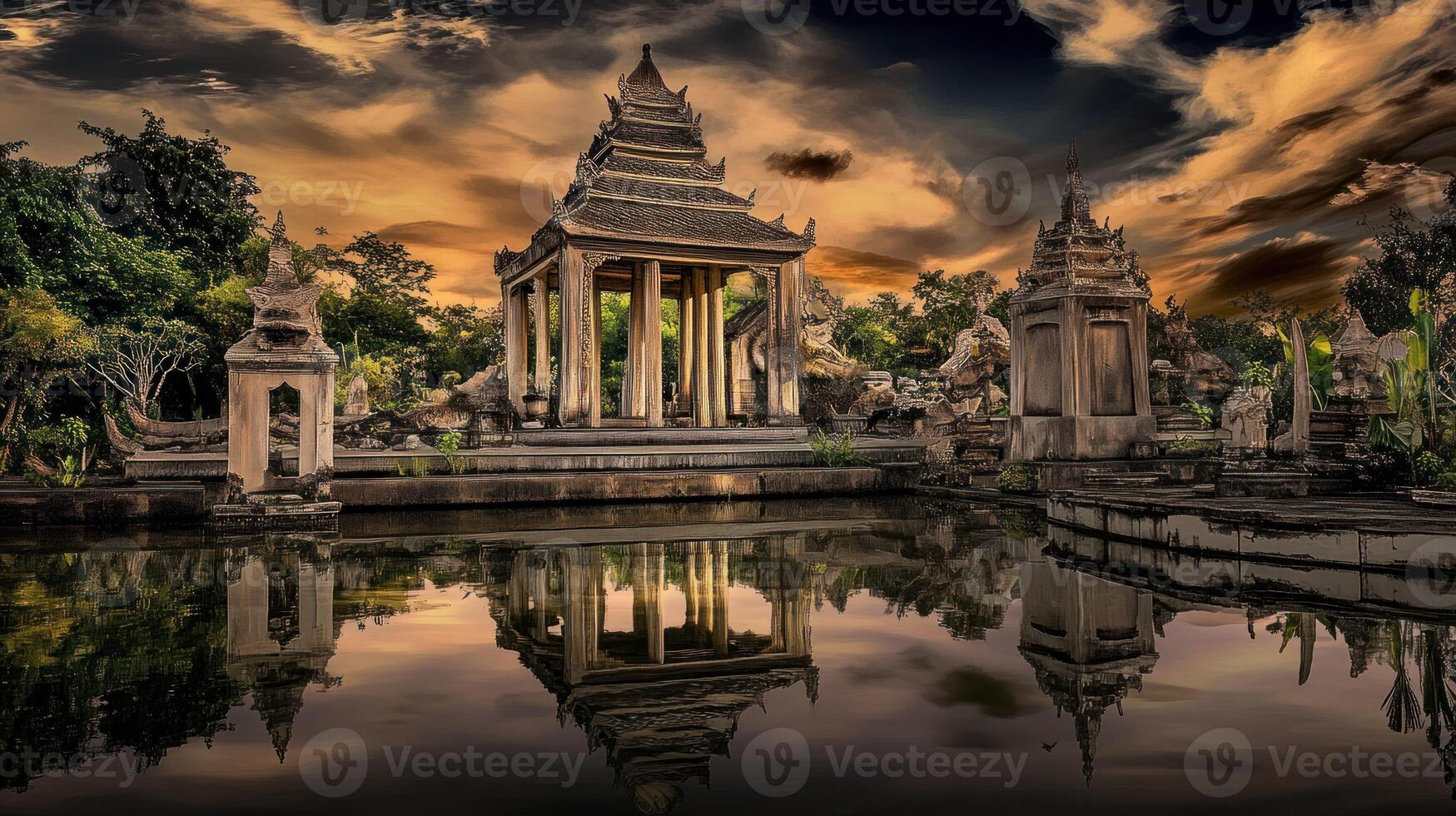 A serene temple reflecting on calm waters at sunset under dramatic clouds. photo