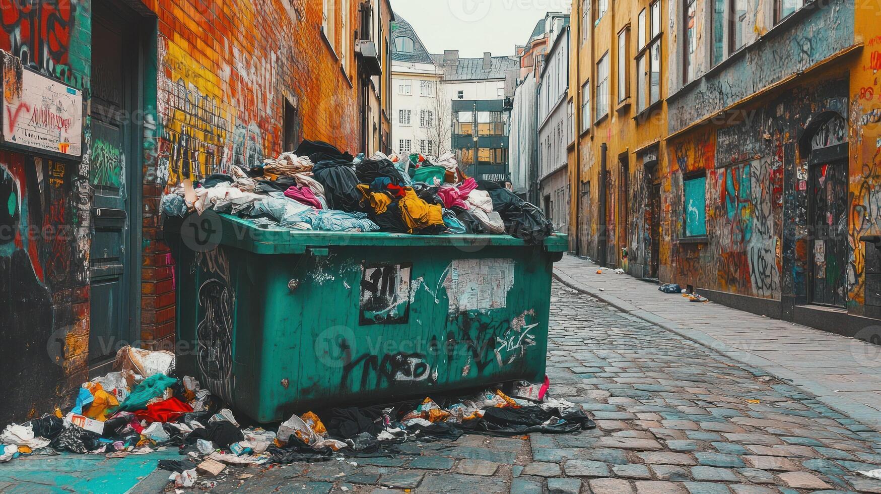 A cluttered alley with a green dumpster overflowing with clothes and graffiti. photo