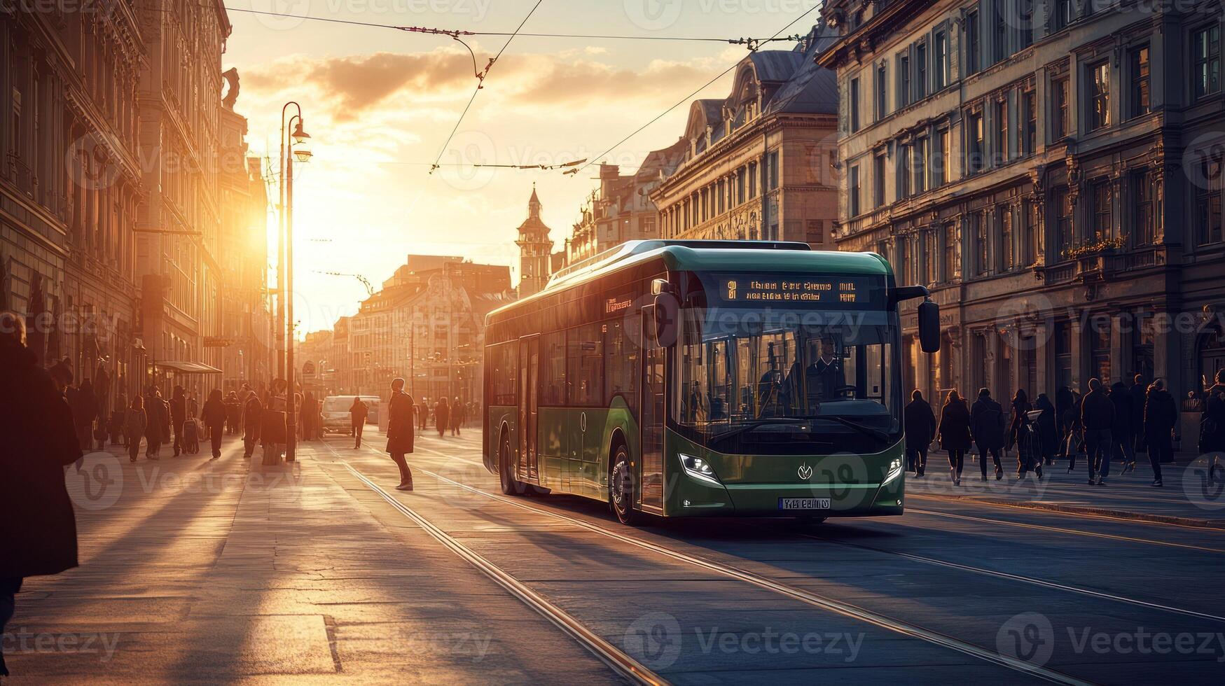 A green bus is driving through a bustling city street at sunset. photo