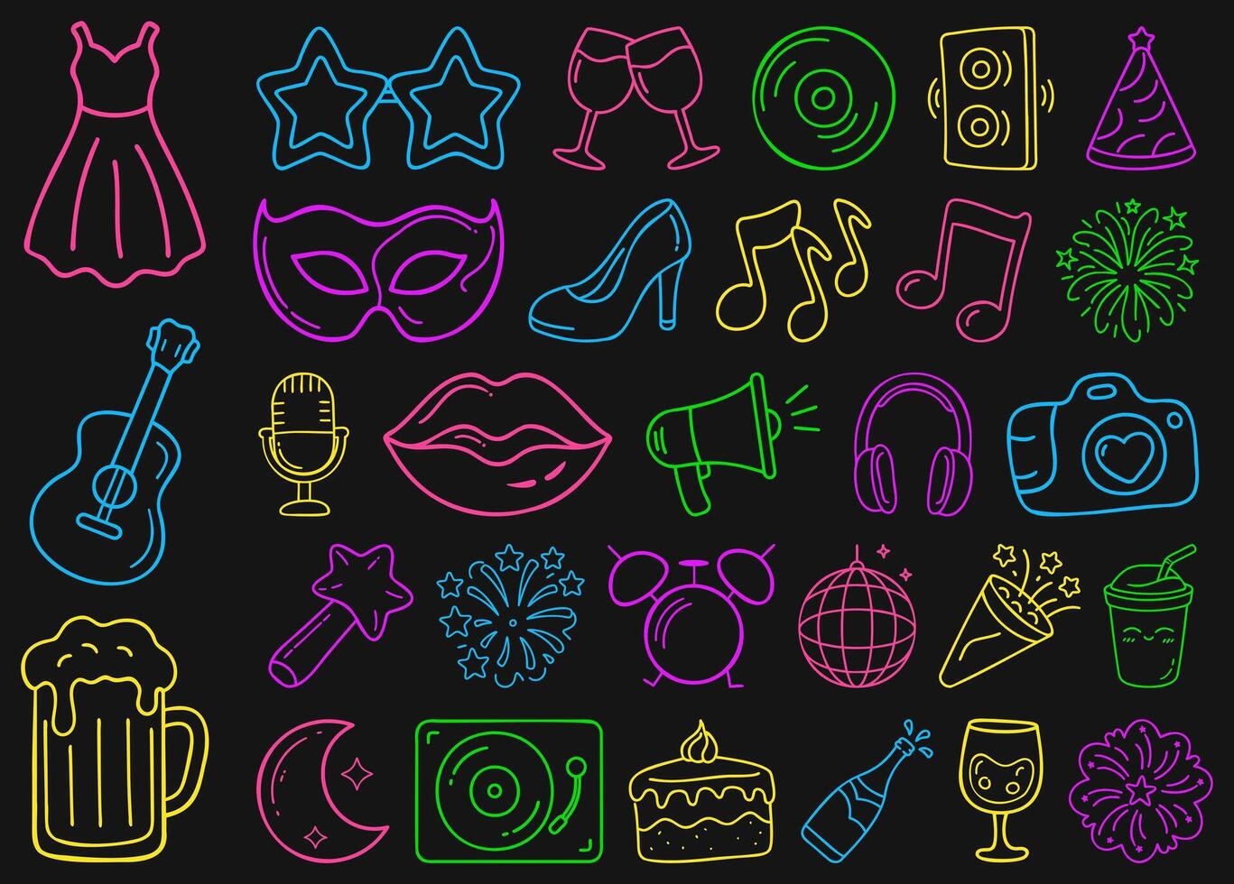 Colorful party including dresses, drinks, music notes, and more create festive atmosphere vector