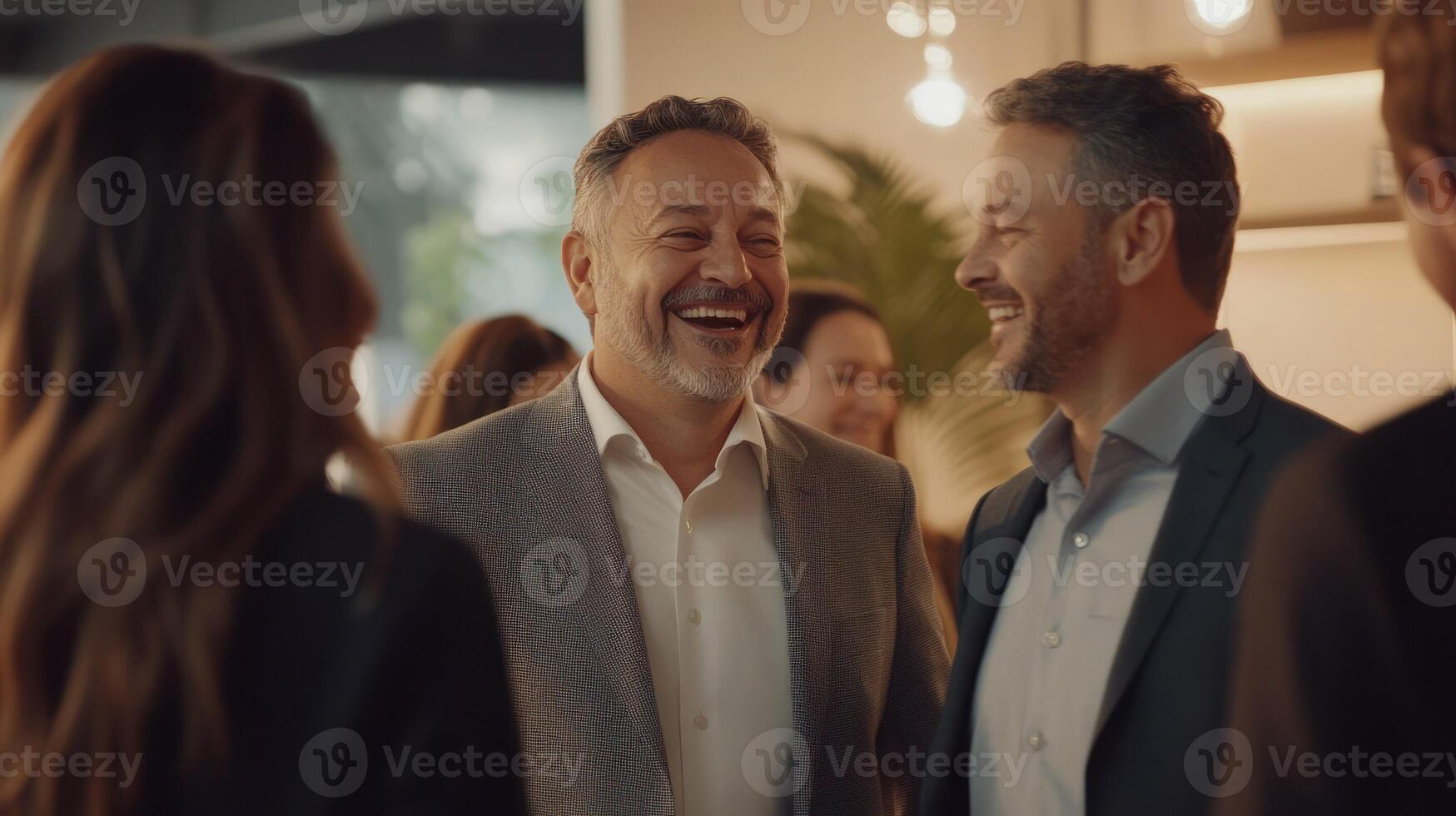 Two men enjoy a joyful conversation at a corporate networking event. photo