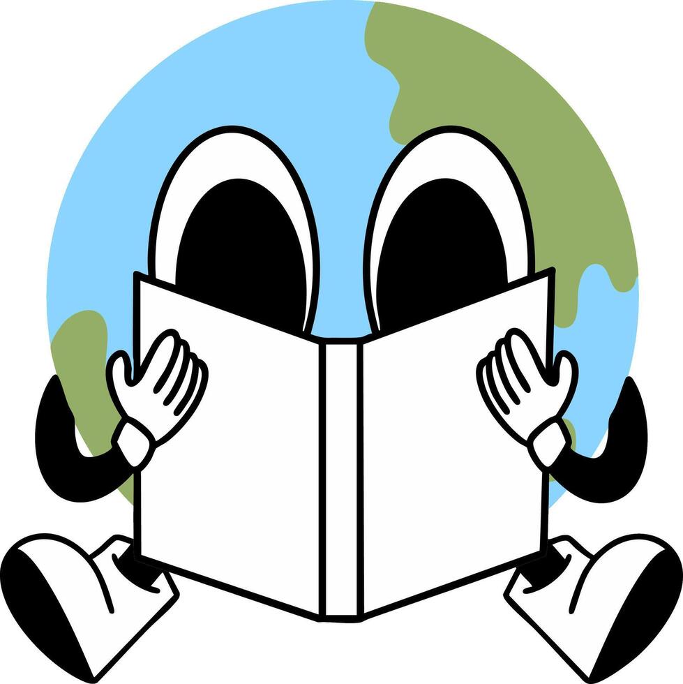 Reading character with globe background expresses curiosity and joy vector