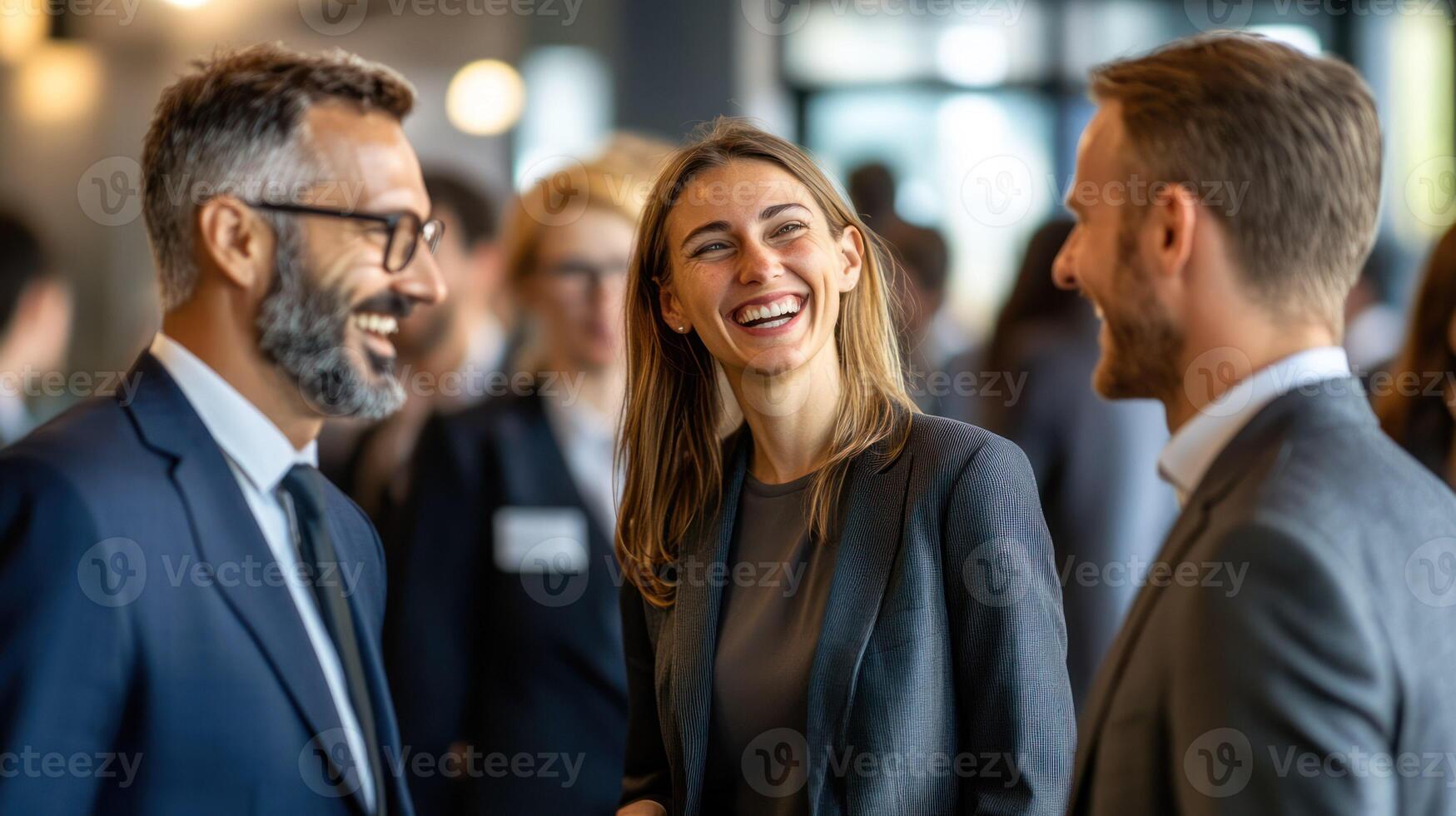 Professionals engaging in a lively business conversation at an event. photo
