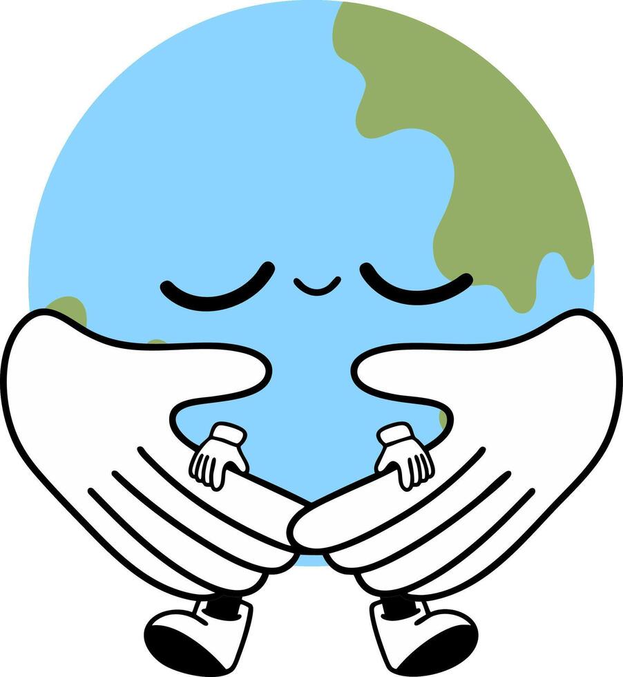 Cuddly Earth character with hands embracing, symbolizing love and care for planet vector