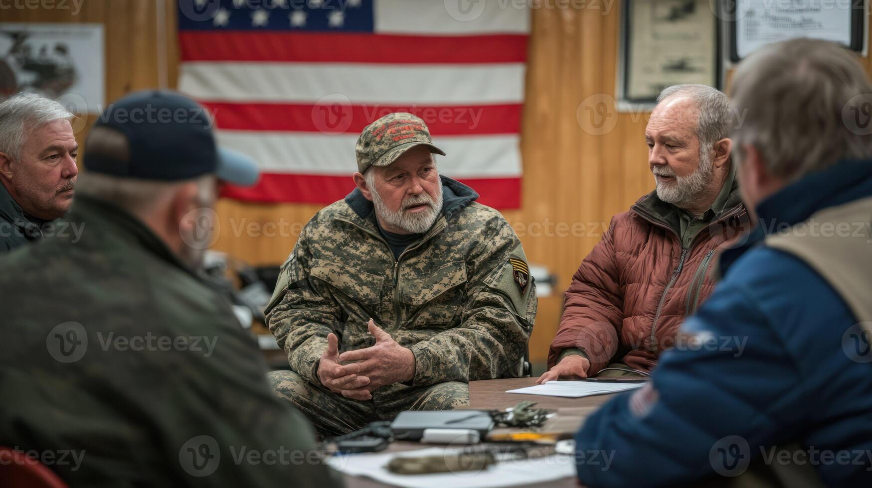 A group of veterans discussing strategy around a table indoors. photo
