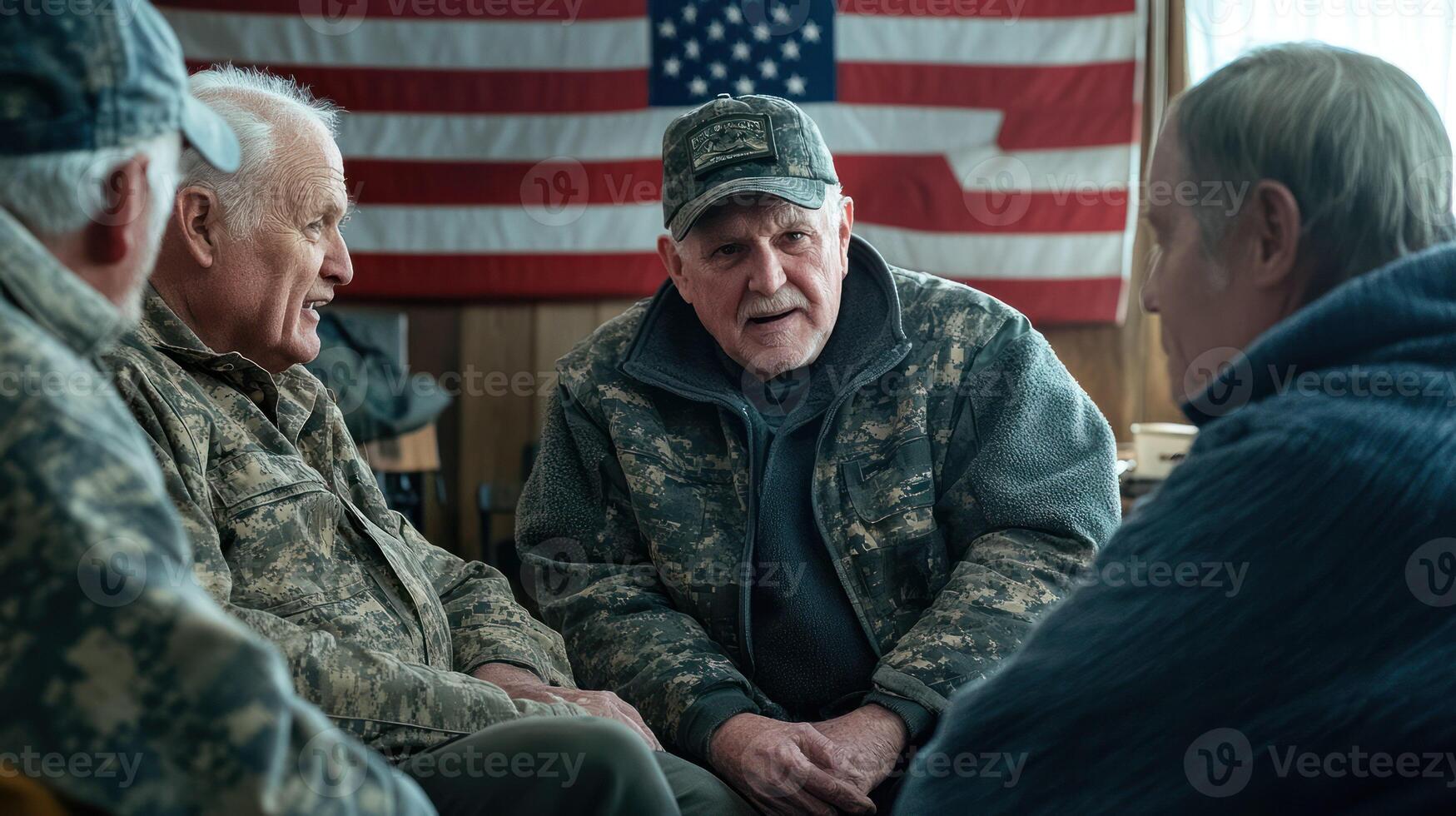 Veterans engaged in deep conversation against an American flag backdrop. photo