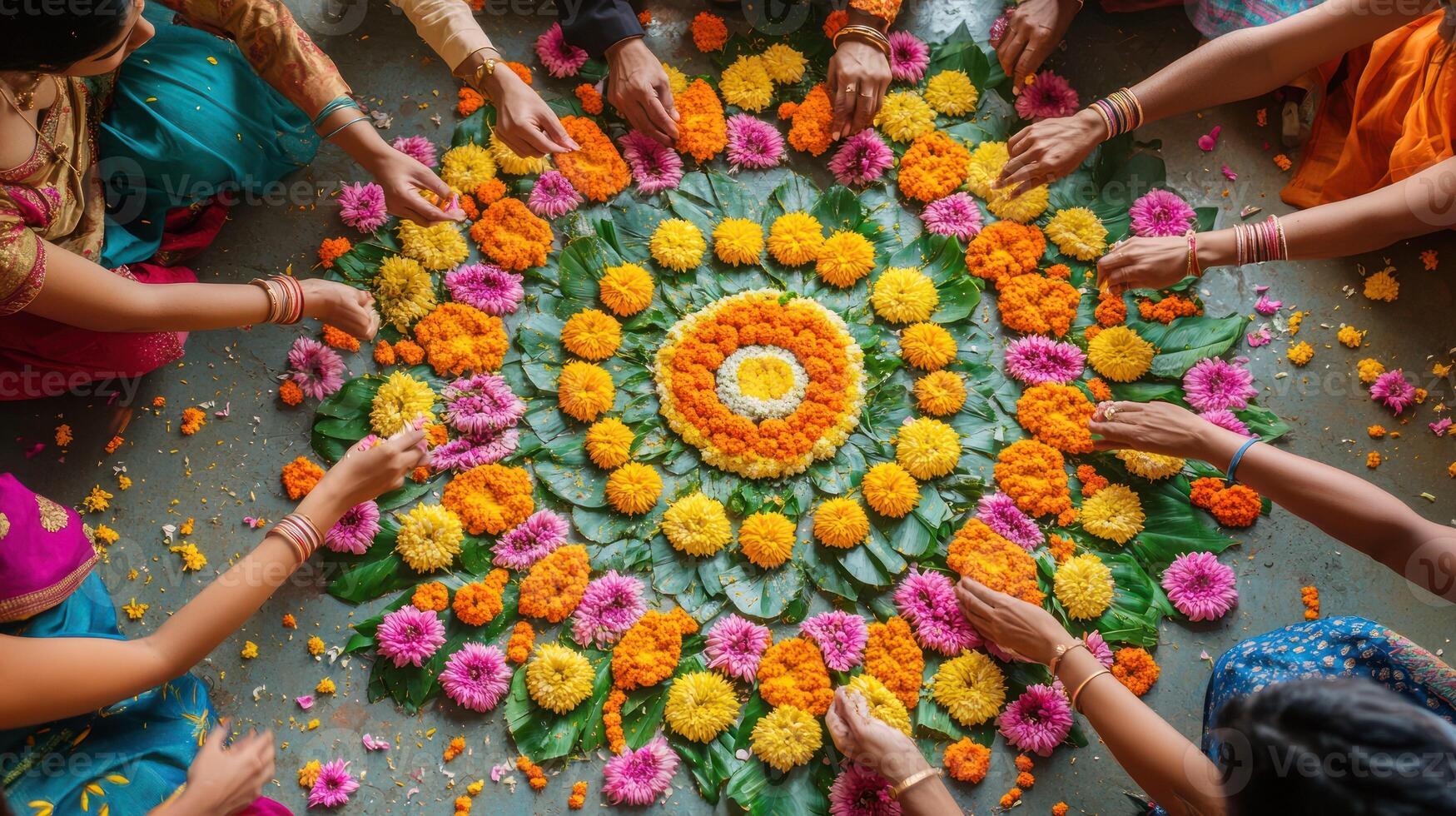 A vibrant floral rangoli design created by hands during a celebration. photo