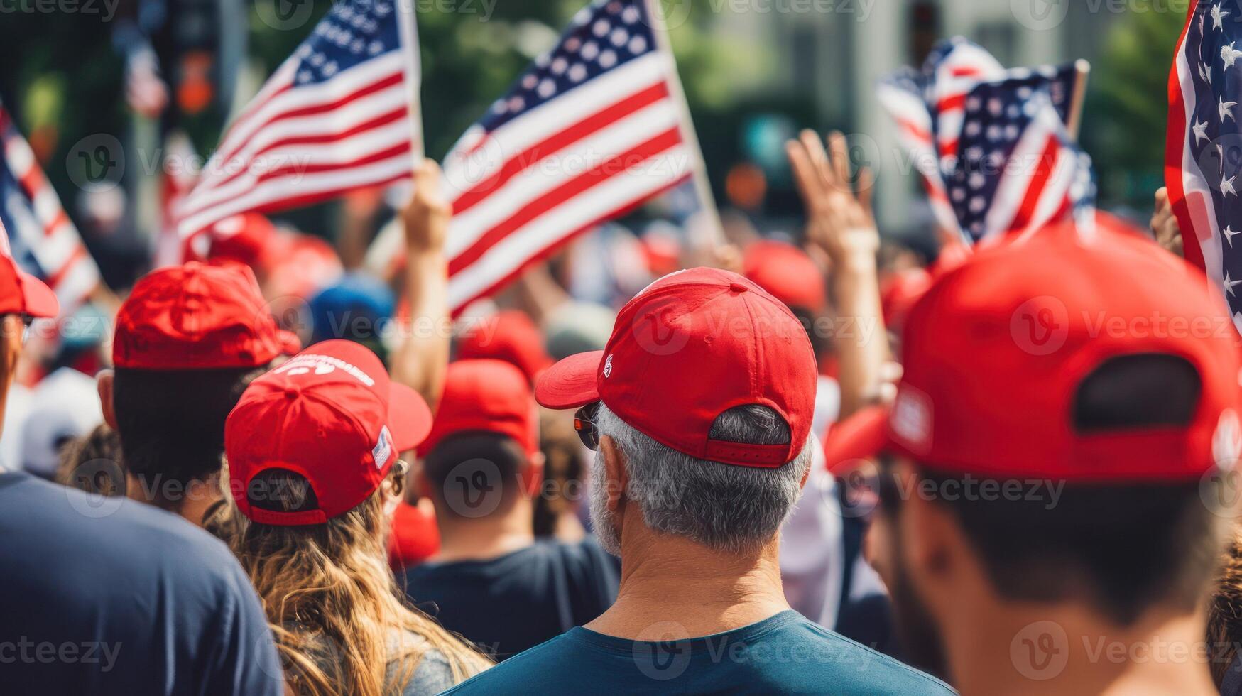 A lively crowd wearing red hats, waving American flags in support. photo