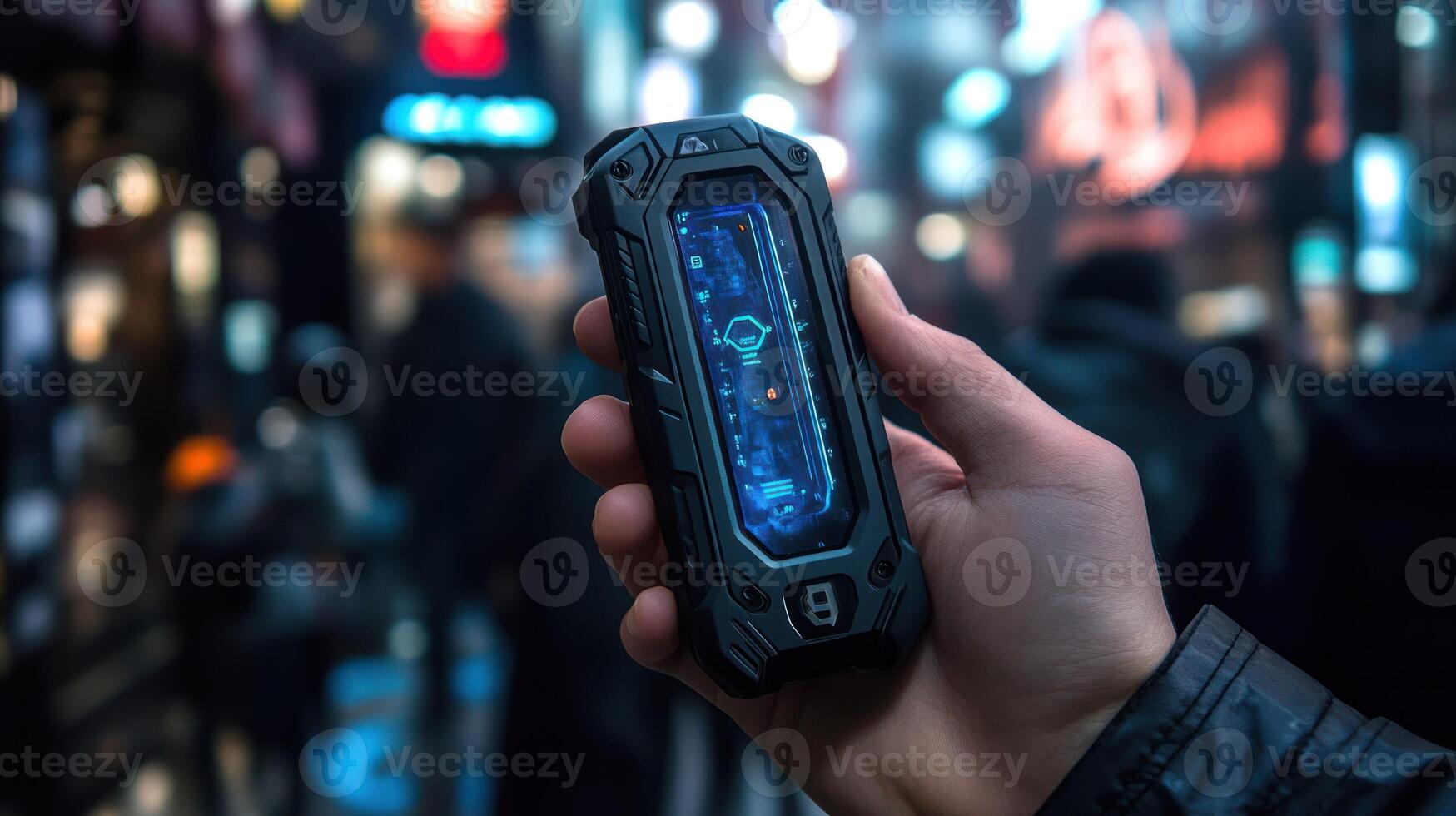 A person holding a futuristic smartphone in a vibrant urban setting. photo