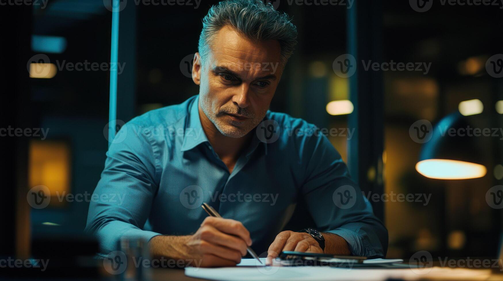A focused businessman writing at his desk in an elegant office setting. photo