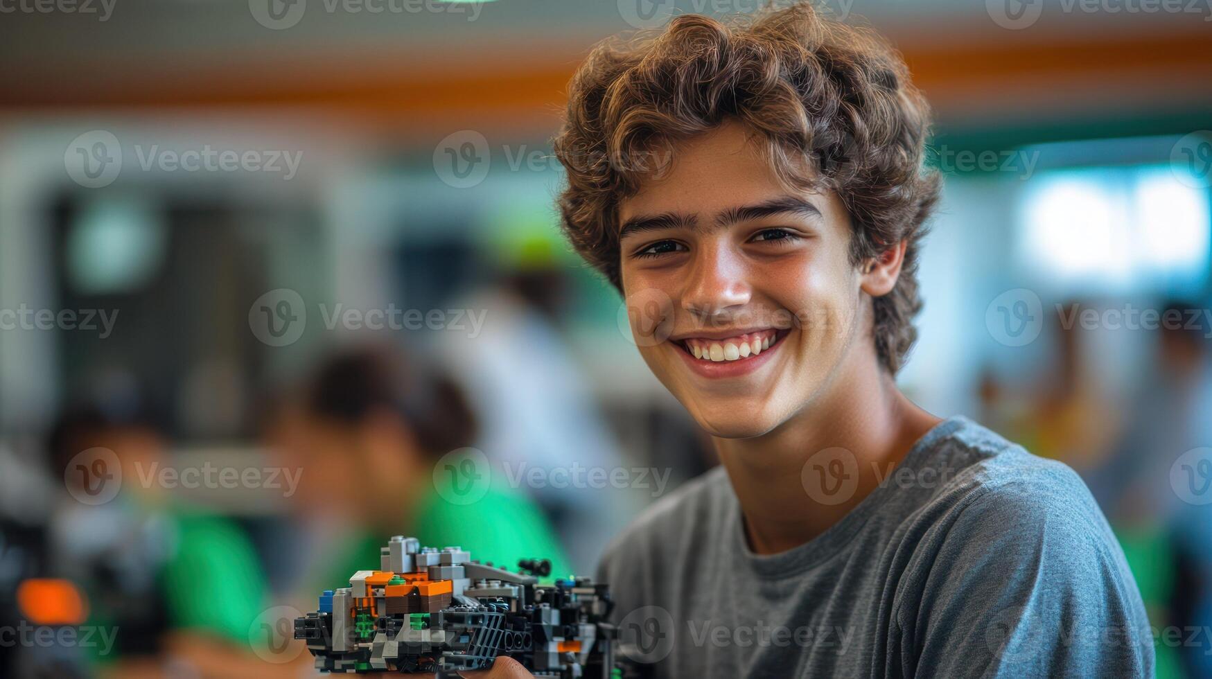 A joyful teenager proudly holding a Lego creation in a vibrant setting. photo