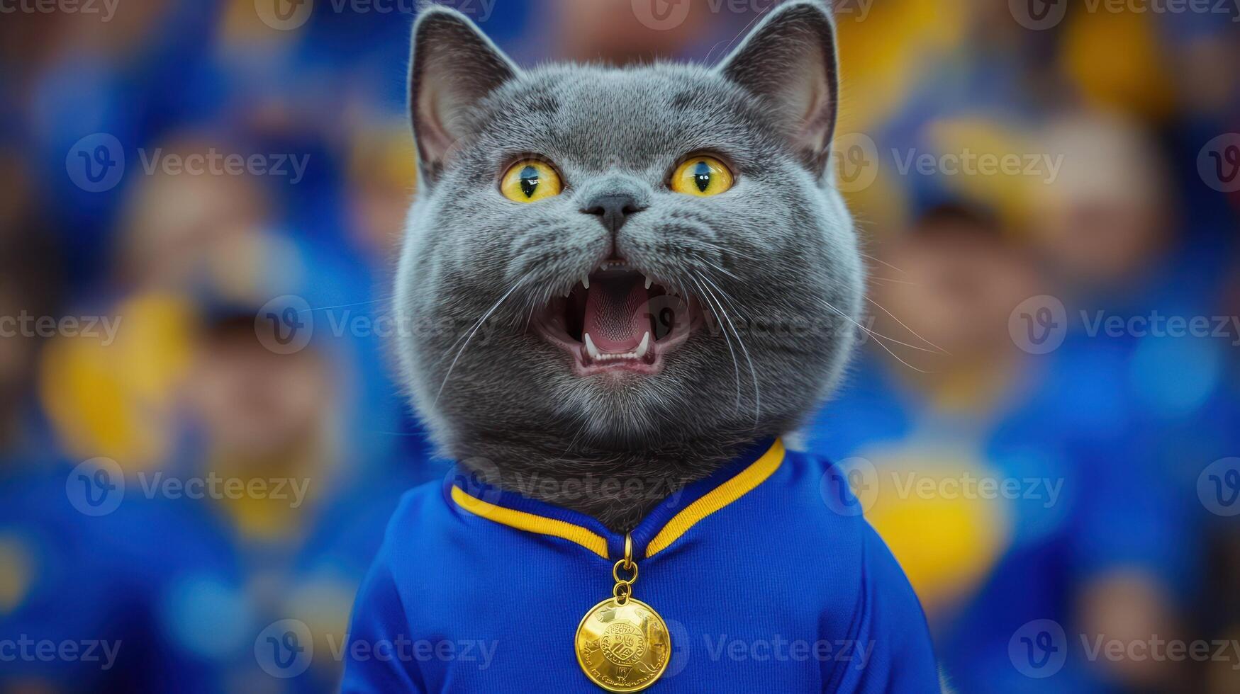 A cheerful gray cat in a blue jersey, showcasing excitement and joy. photo