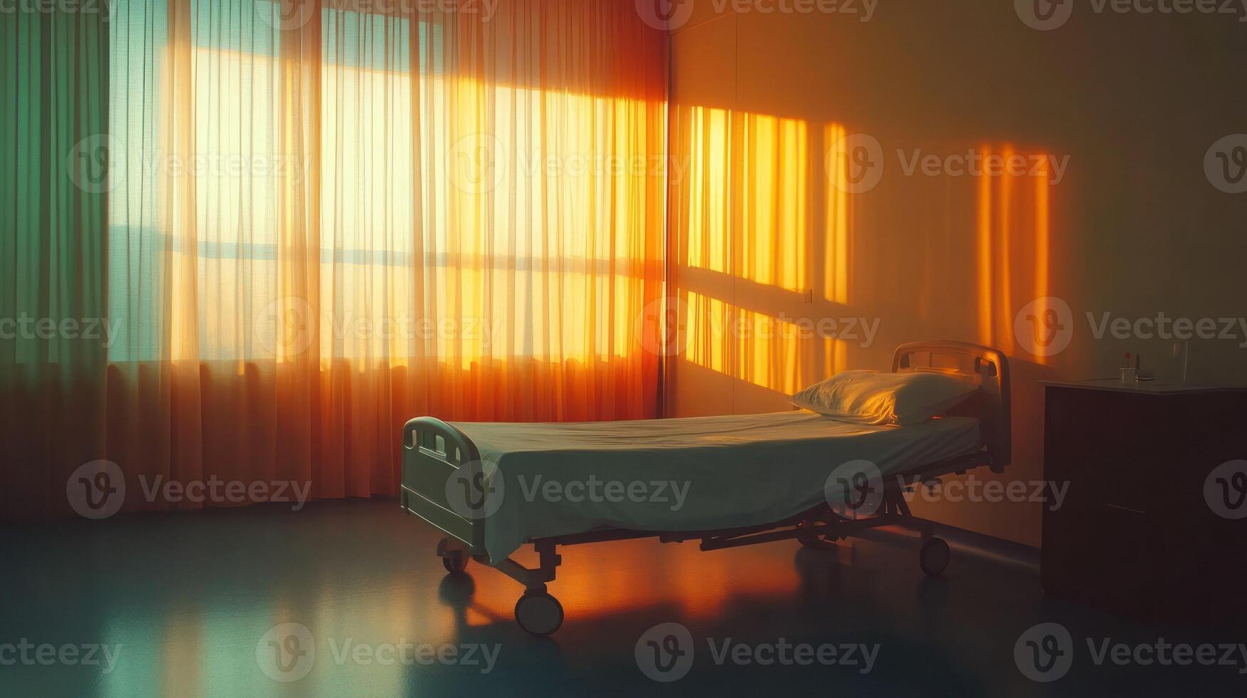 A tranquil hospital room with soft sunlight casting warm shadows. photo