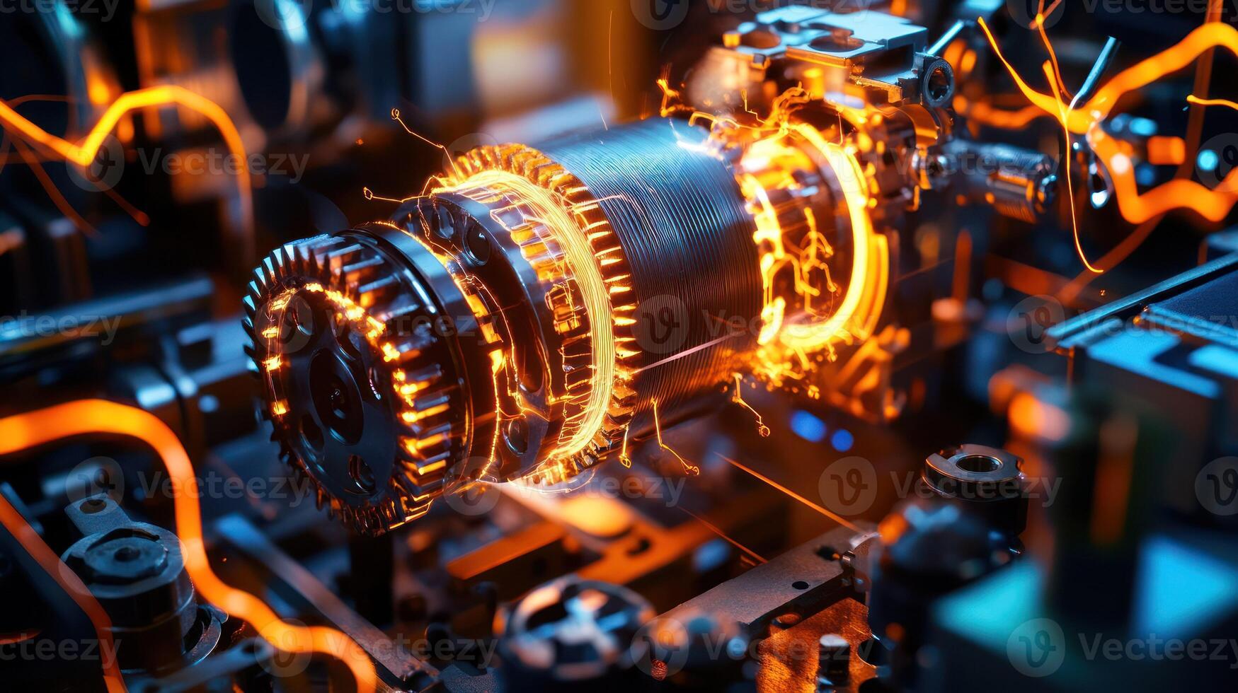 A close up of a futuristic electric motor with vibrant sparks. photo