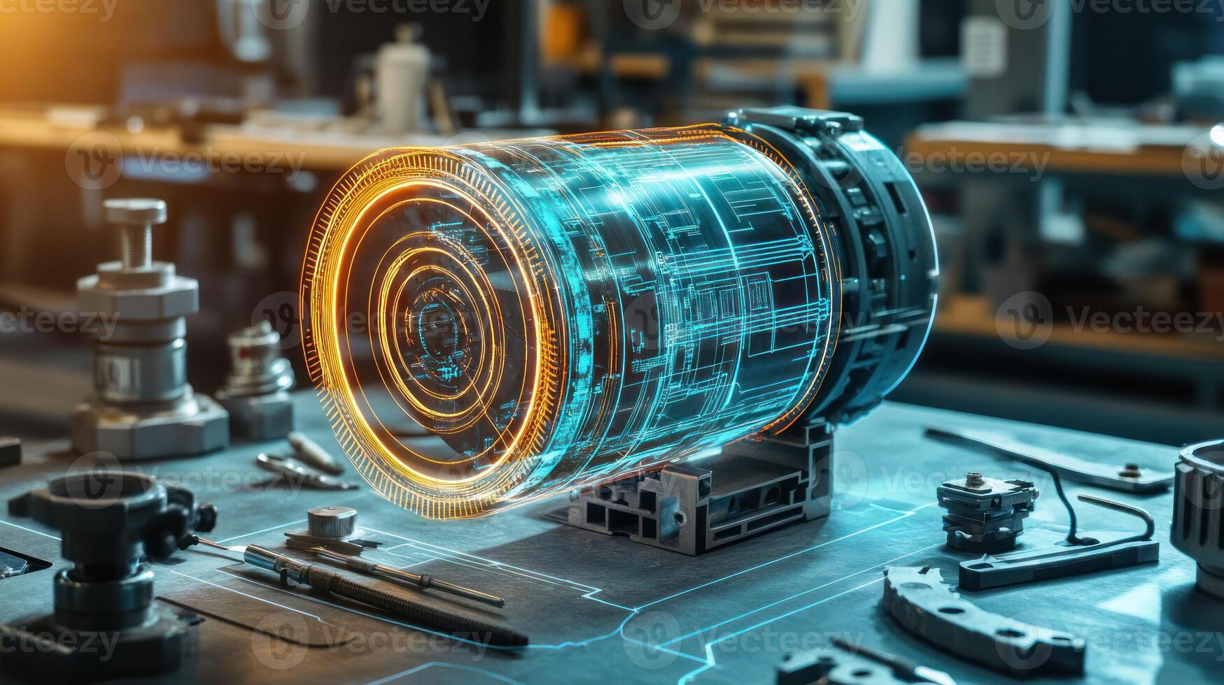 A high tech holographic display of machinery in a workshop setting. photo