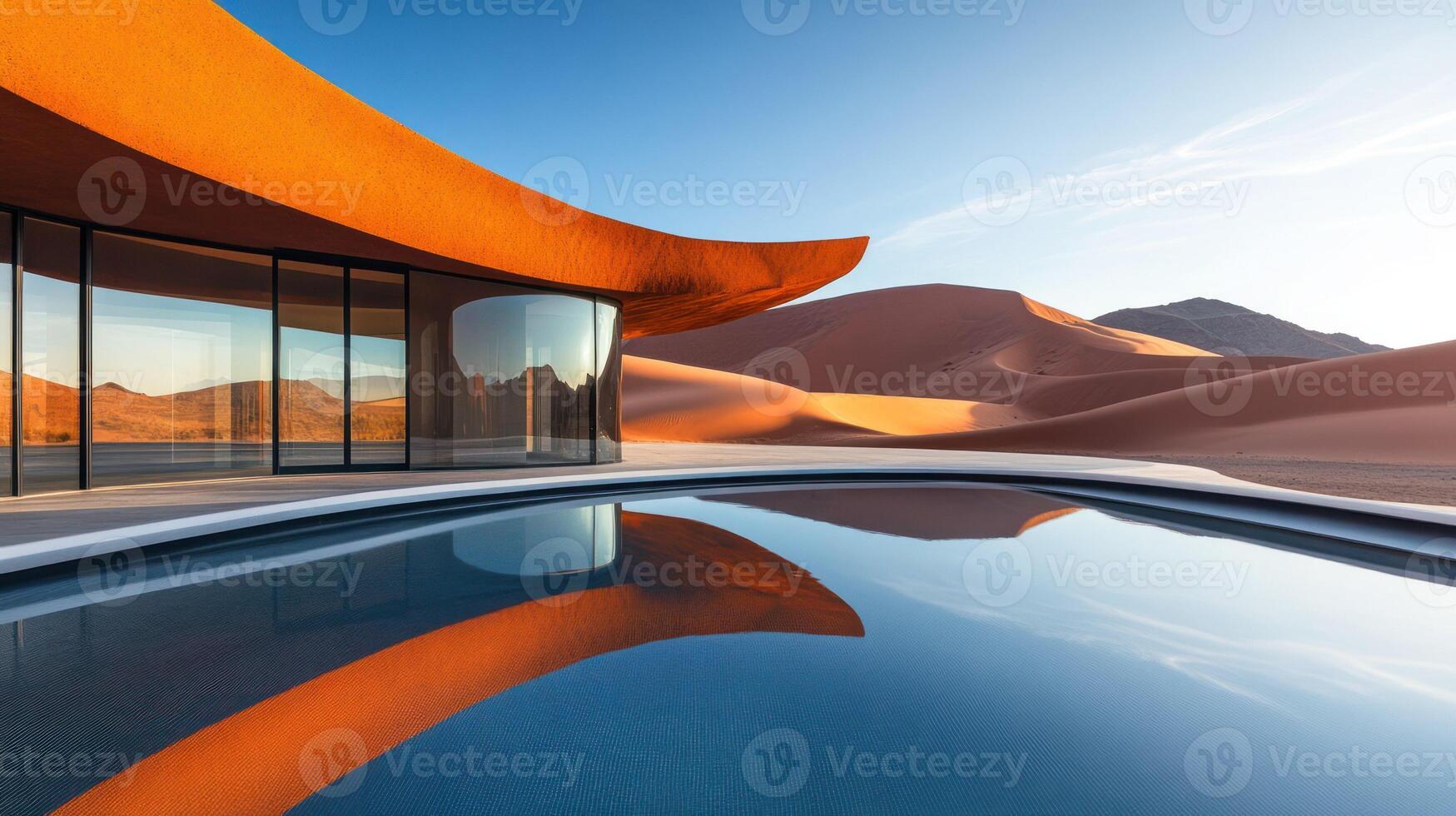 A stunning modern home with a pool, set against a serene desert backdrop. photo