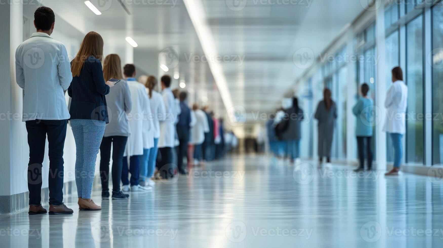 A line of people in a modern hospital corridor, awaiting assistance. photo
