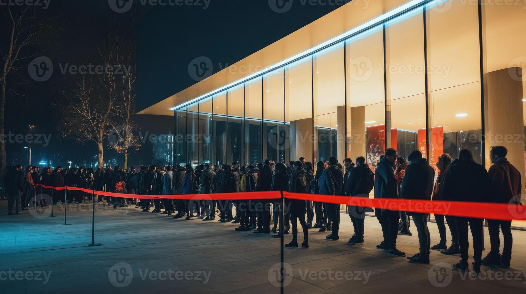 A long queue of people waiting outside a modern building at night. photo