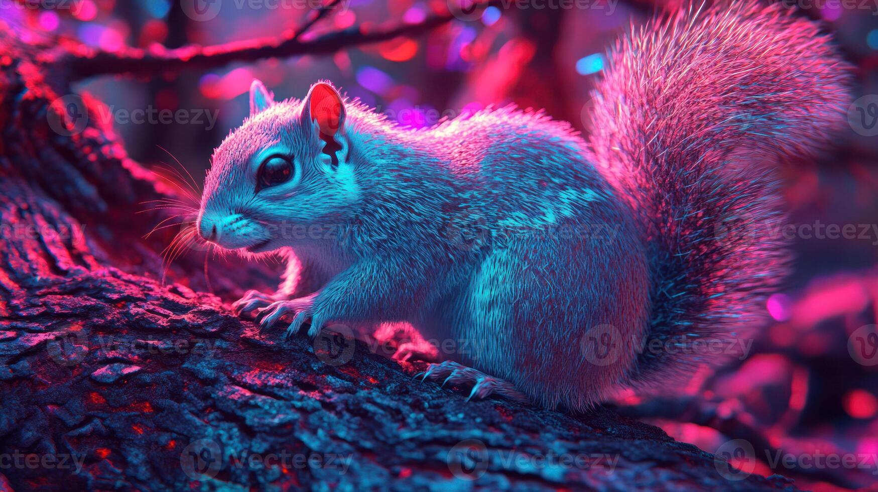 A vibrant close up of a squirrel amidst colorful forest foliage. photo