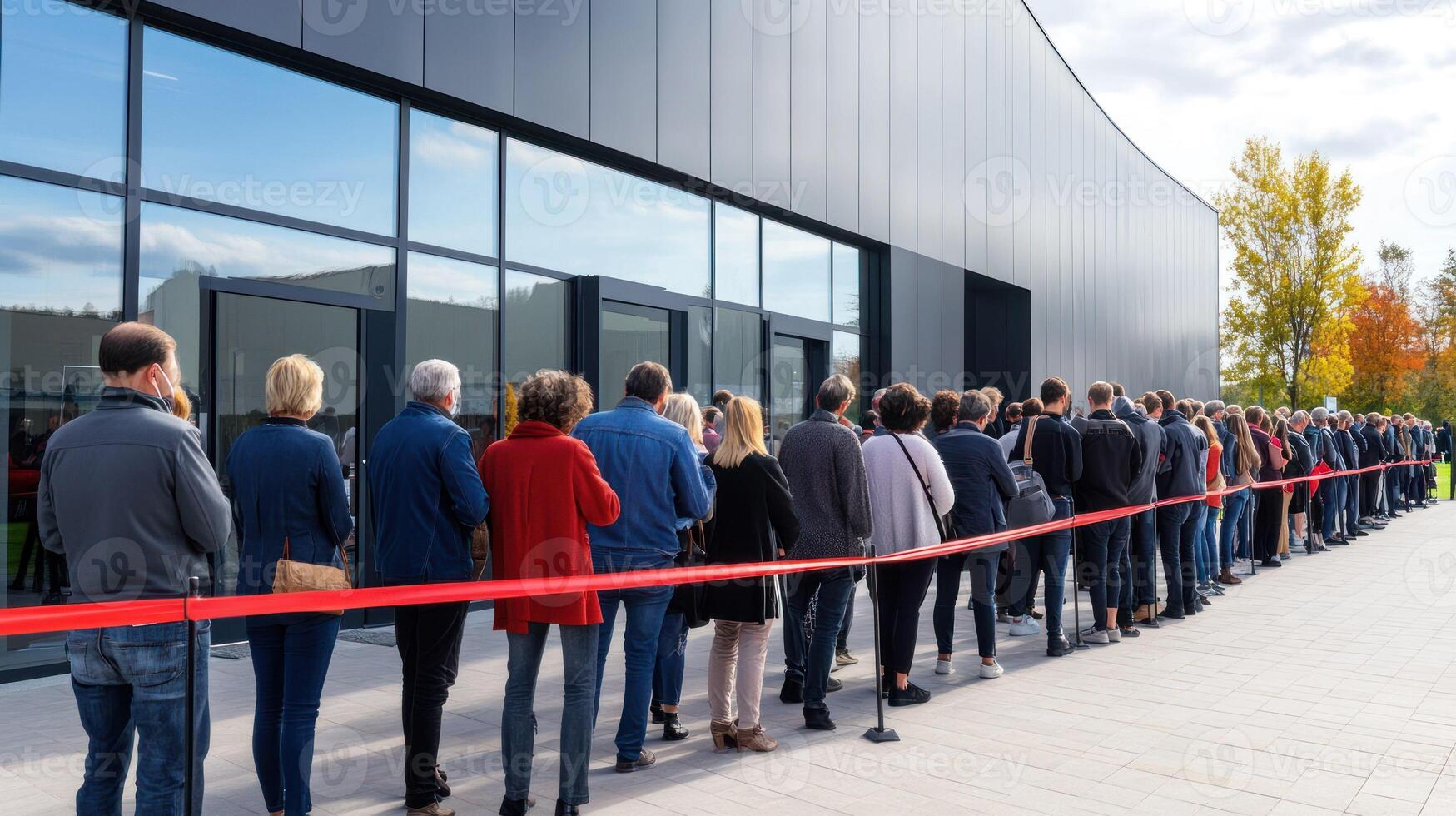 A long queue of people waiting outside a modern building. photo