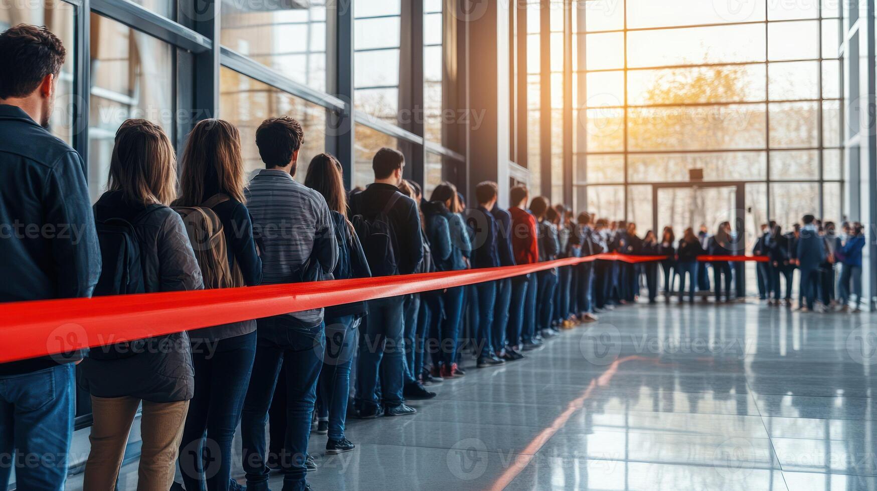 A crowd of people waiting in line at a modern venue with large windows. photo