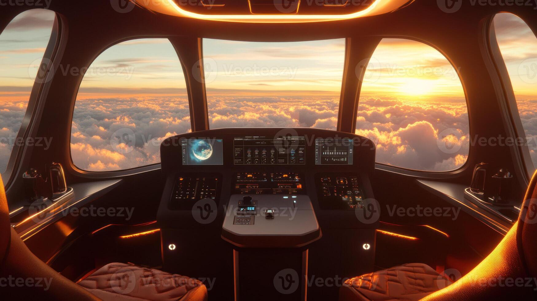 Stylish cockpit view above clouds at sunset, emphasizing luxury travel. photo