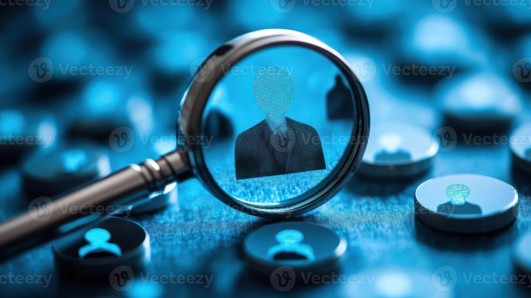 A magnifying glass revealing a digital identity in a tech themed setting. photo