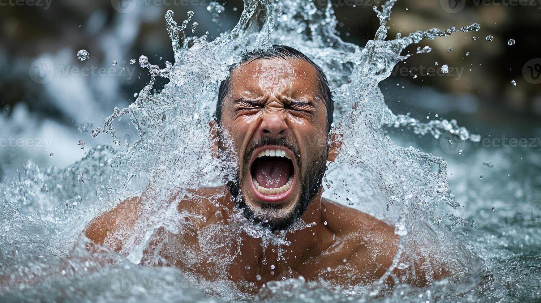 A man joyfully screaming as water splashes around him. photo