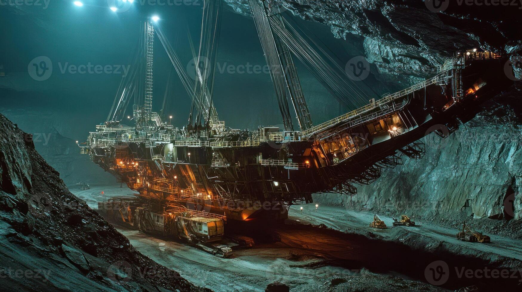 A massive mining excavator illuminated in a dark underground cavern. photo