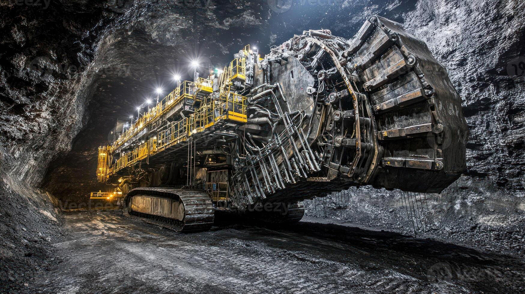 A large excavator operates in a dark underground coal mine. photo