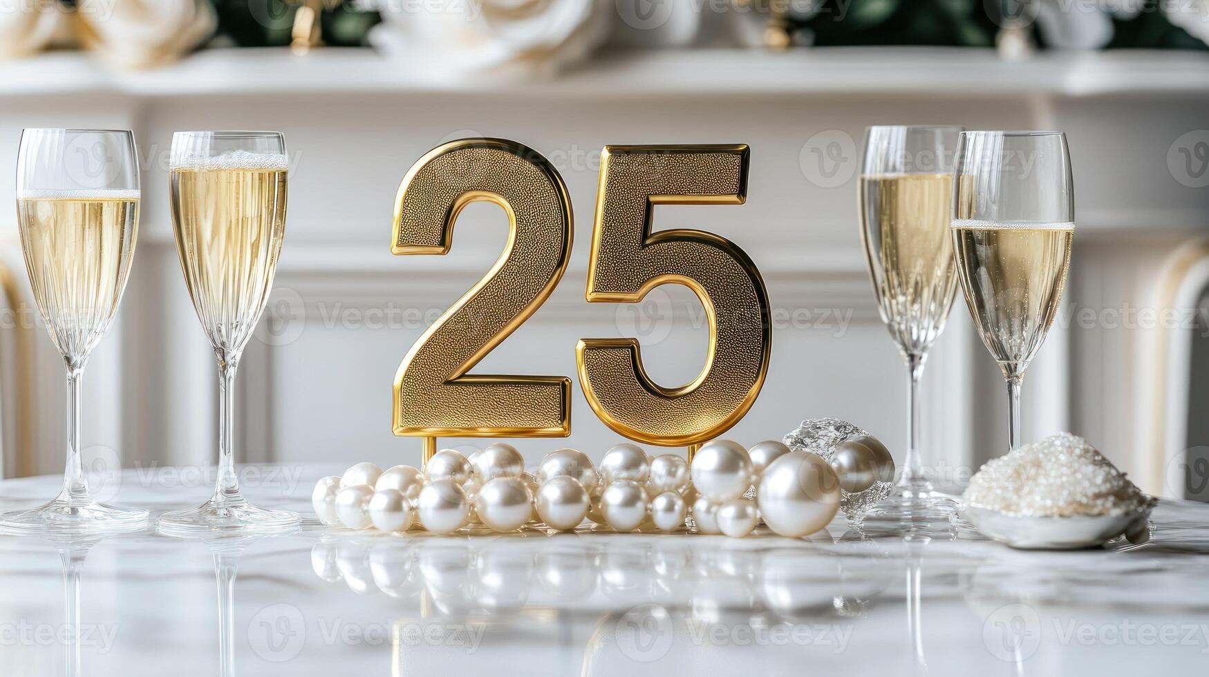 Elegant anniversary setup with champagne and pearls on a marble table. photo