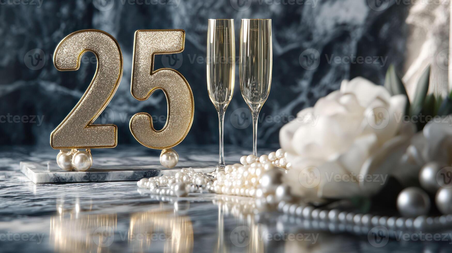 Elegant 25th anniversary setup with champagne glasses and flowers. photo