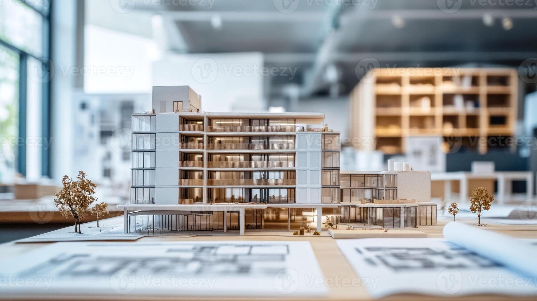 Architectural model showcasing a modern building design in a studio. photo