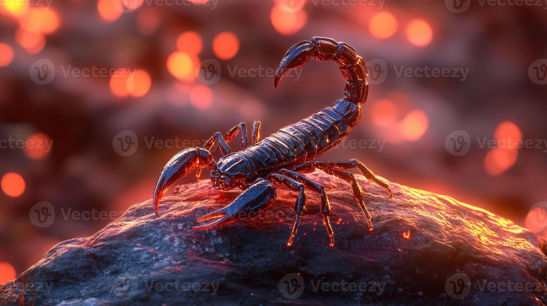 A shiny scorpion perched on a glowing rock amidst a warm atmosphere. photo