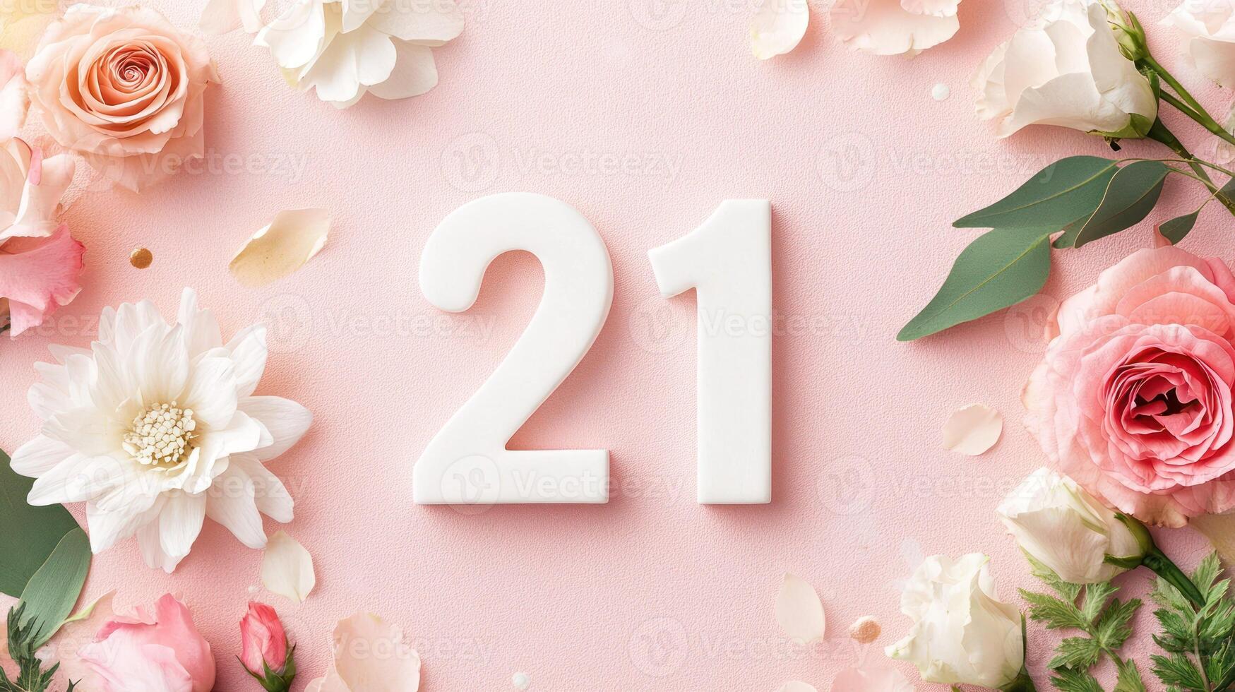 Elegant floral arrangement with the number 21 on a pink background. photo